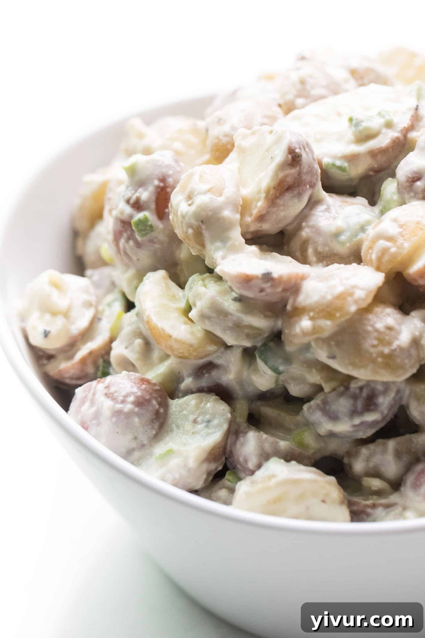 Creamy Potato Salad in a white bowl, garnished with fresh herbs