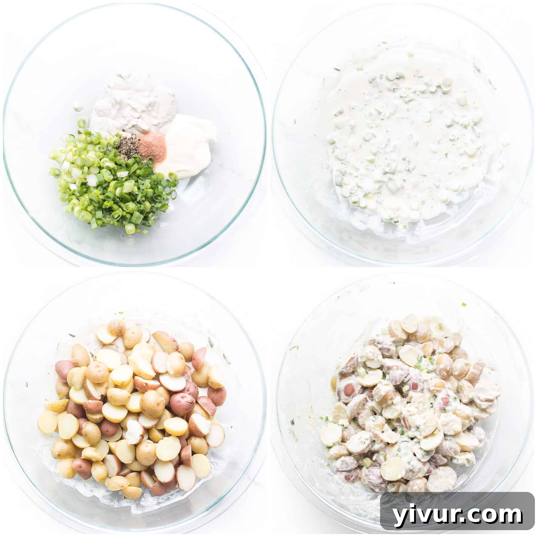Step-by-step image showing ingredients for potato salad being mixed in a bowl