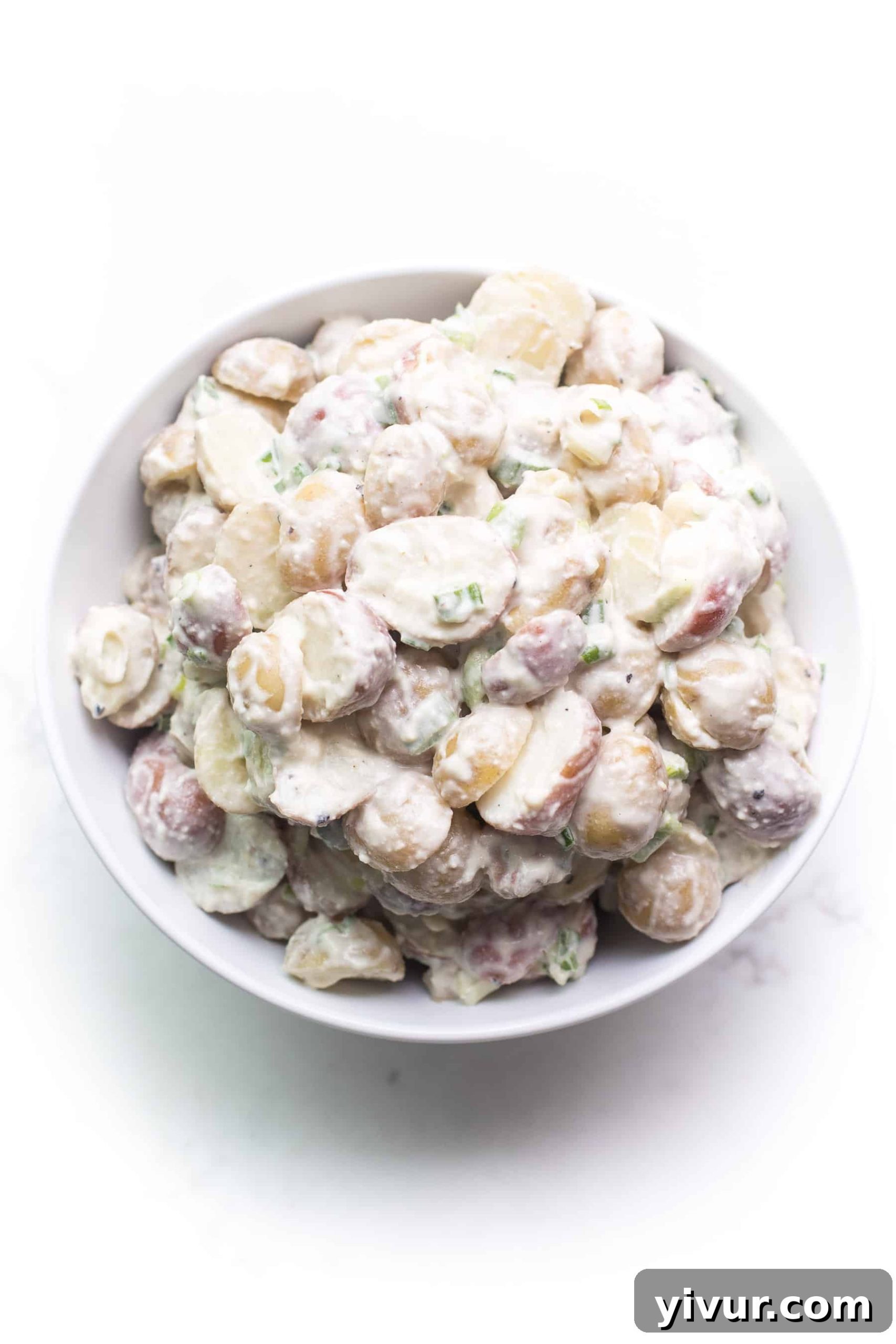 A bowl of creamy potato salad topped with fresh green onions on a white background