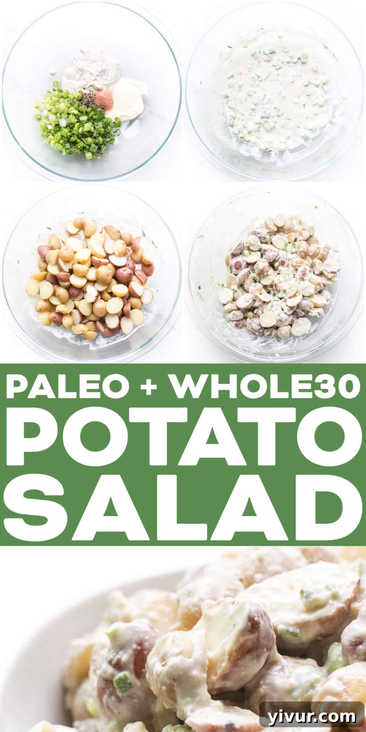 A large serving spoon scooping creamy potato salad from a white bowl