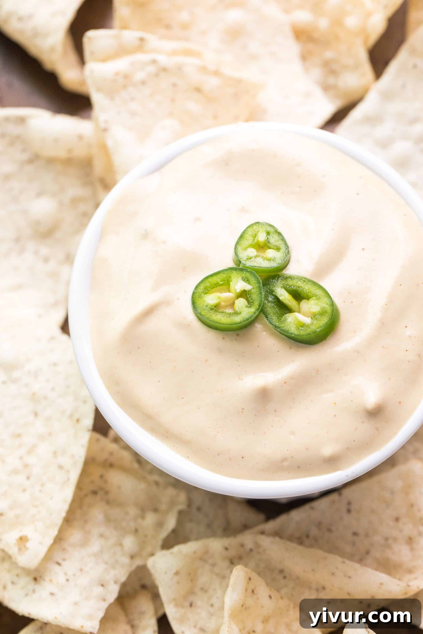 A white bowl brimming with homemade queso nacho cheese, artfully surrounded by a generous scattering of crispy tortilla chips, inviting a delightful dip.