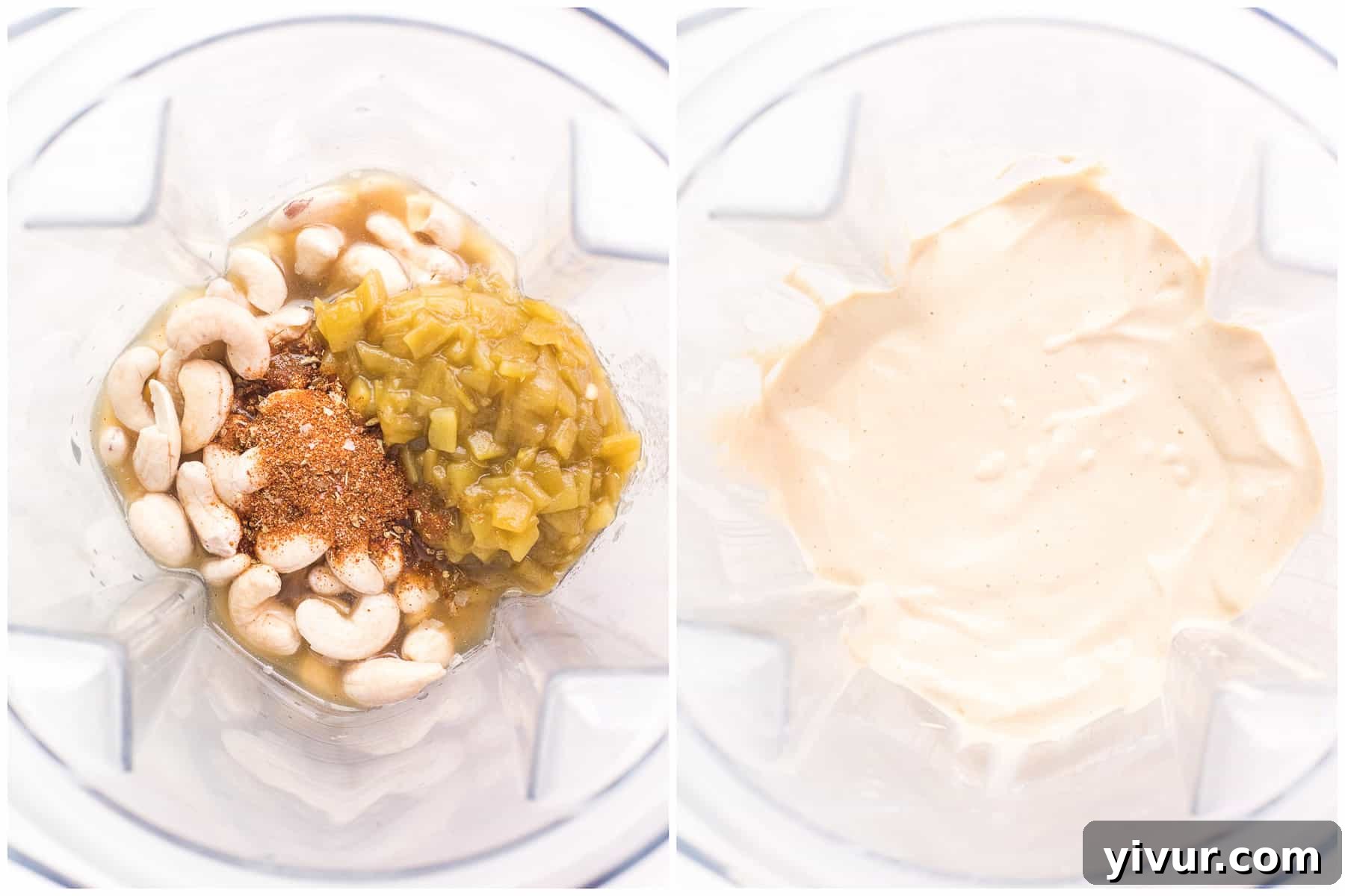 A visual step-by-step guide illustrating the process of preparing Whole30 Dairy-Free Queso Nacho Cheese, showing ingredients and blending.