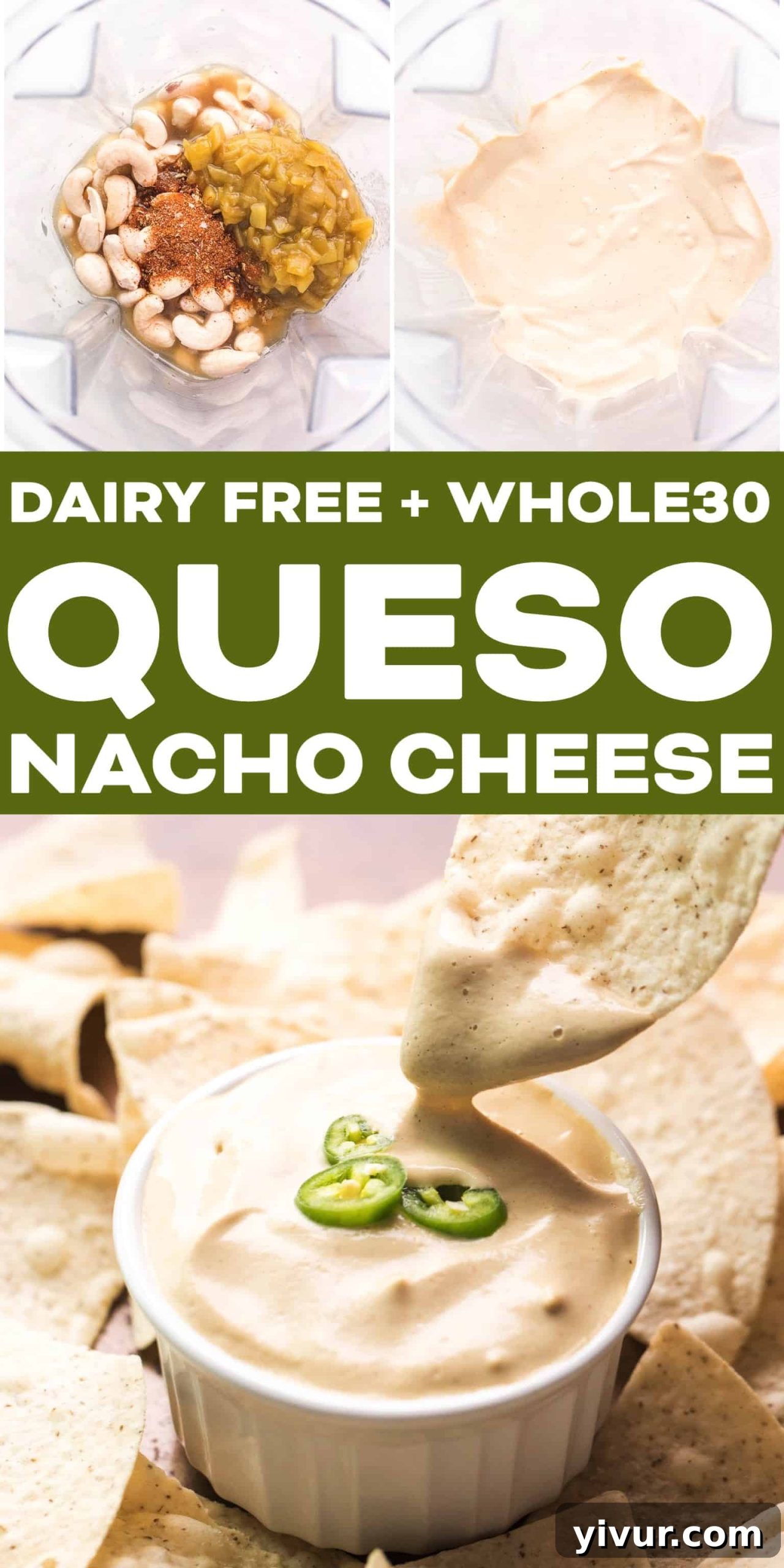 An overhead shot showcasing the rich, golden texture of Whole30 Dairy-Free Queso Nacho Cheese in a bowl, surrounded by a vibrant spread of fresh vegetables for dipping.