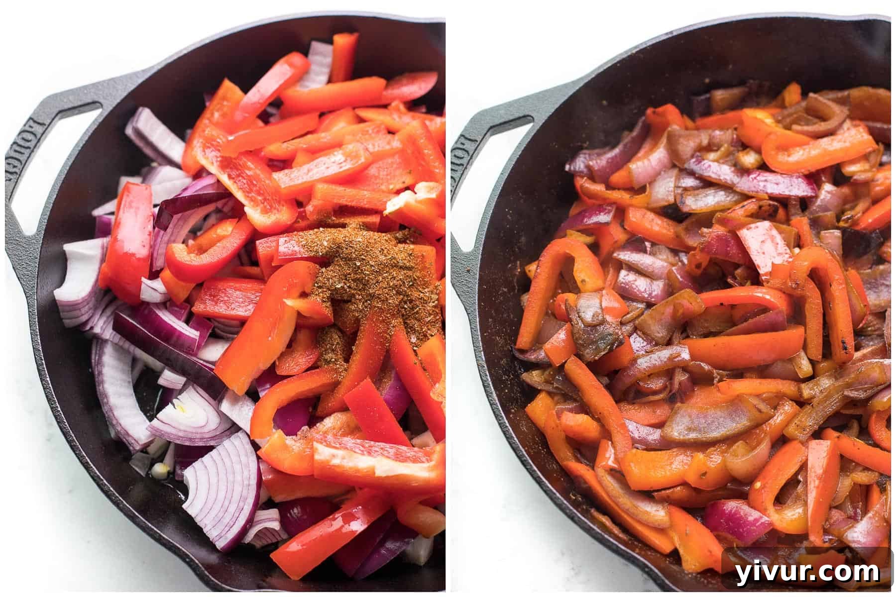 Wholesome Fajita Veggies Whole30 Paleo Keto 3 Step-by-step process of preparing colorful bell peppers and onions for fajita veggies, illustrating how simple it is to achieve perfect skillet caramelization.