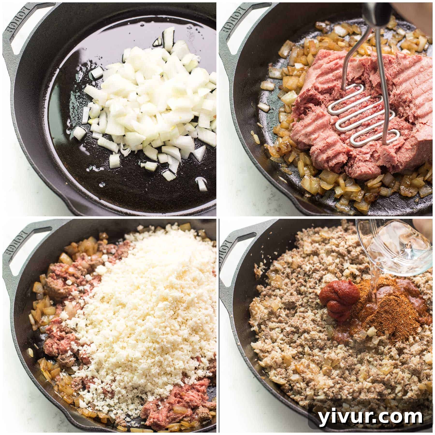 Step-by-step process shots showing how to cook ground beef taco meat in a cast iron skillet.
