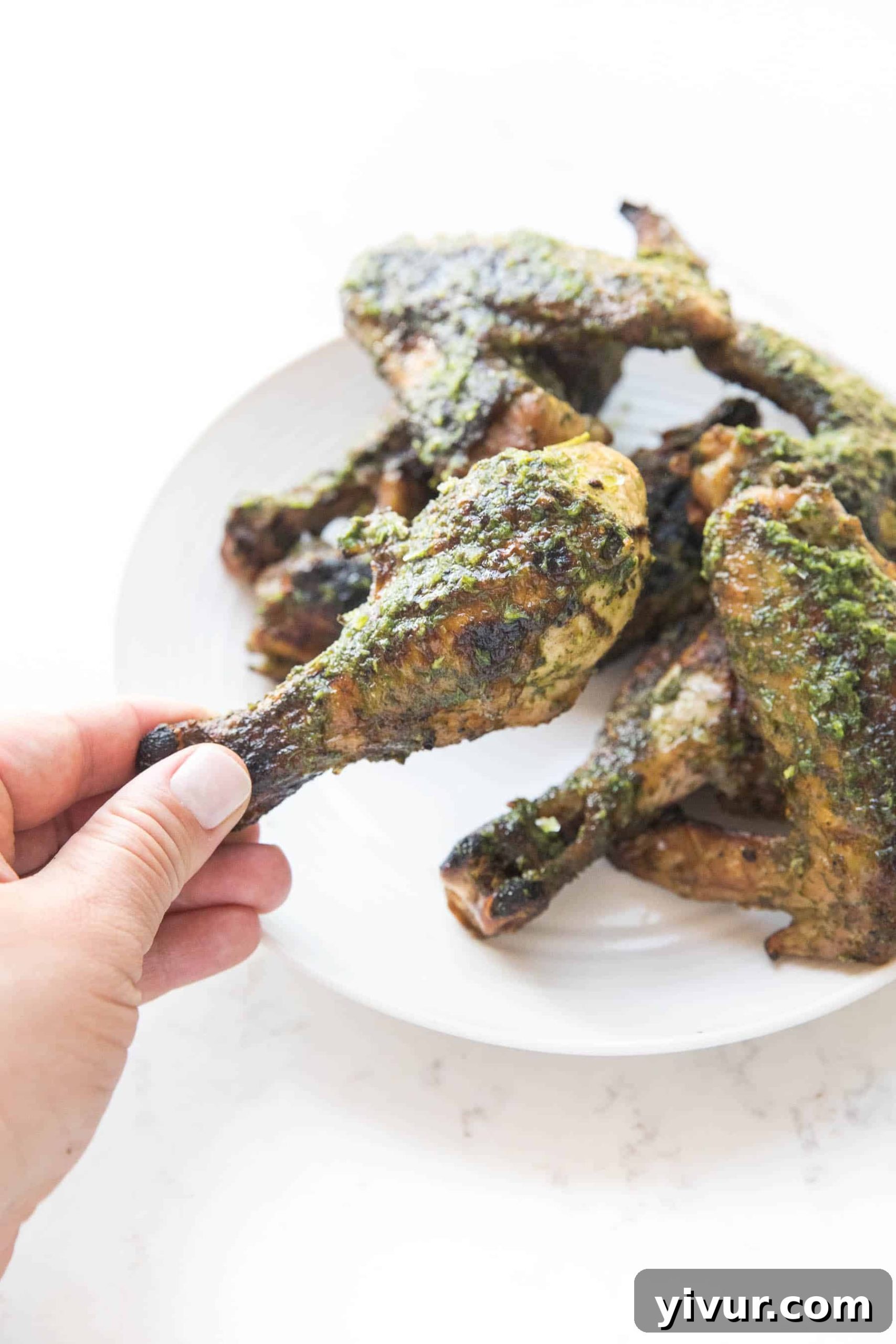 Zesty Grilled Chimichurri Chicken: Whole30, Keto & Paleo 2 Hand holding a crispy grilled chicken drumstick generously coated with vibrant green chimichurri sauce, set against a clean white background.
