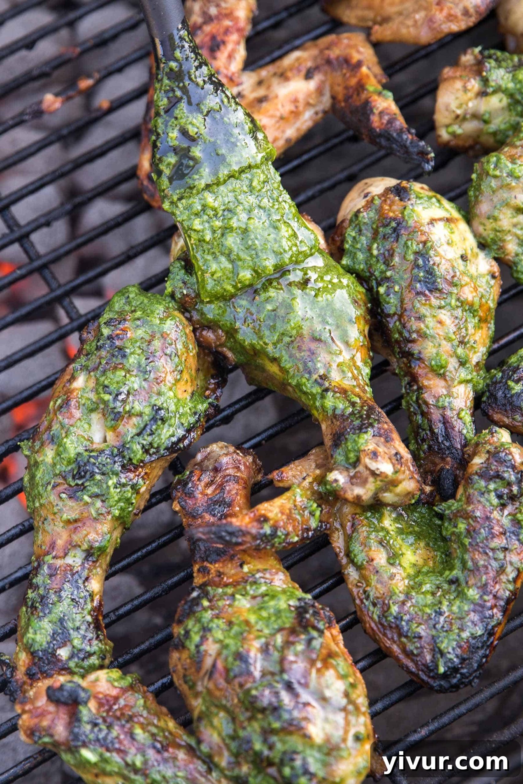 Zesty Grilled Chimichurri Chicken: Whole30, Keto & Paleo 4 Close-up shot of grilled chicken on a barbecue, being brushed with vibrant green chimichurri sauce.