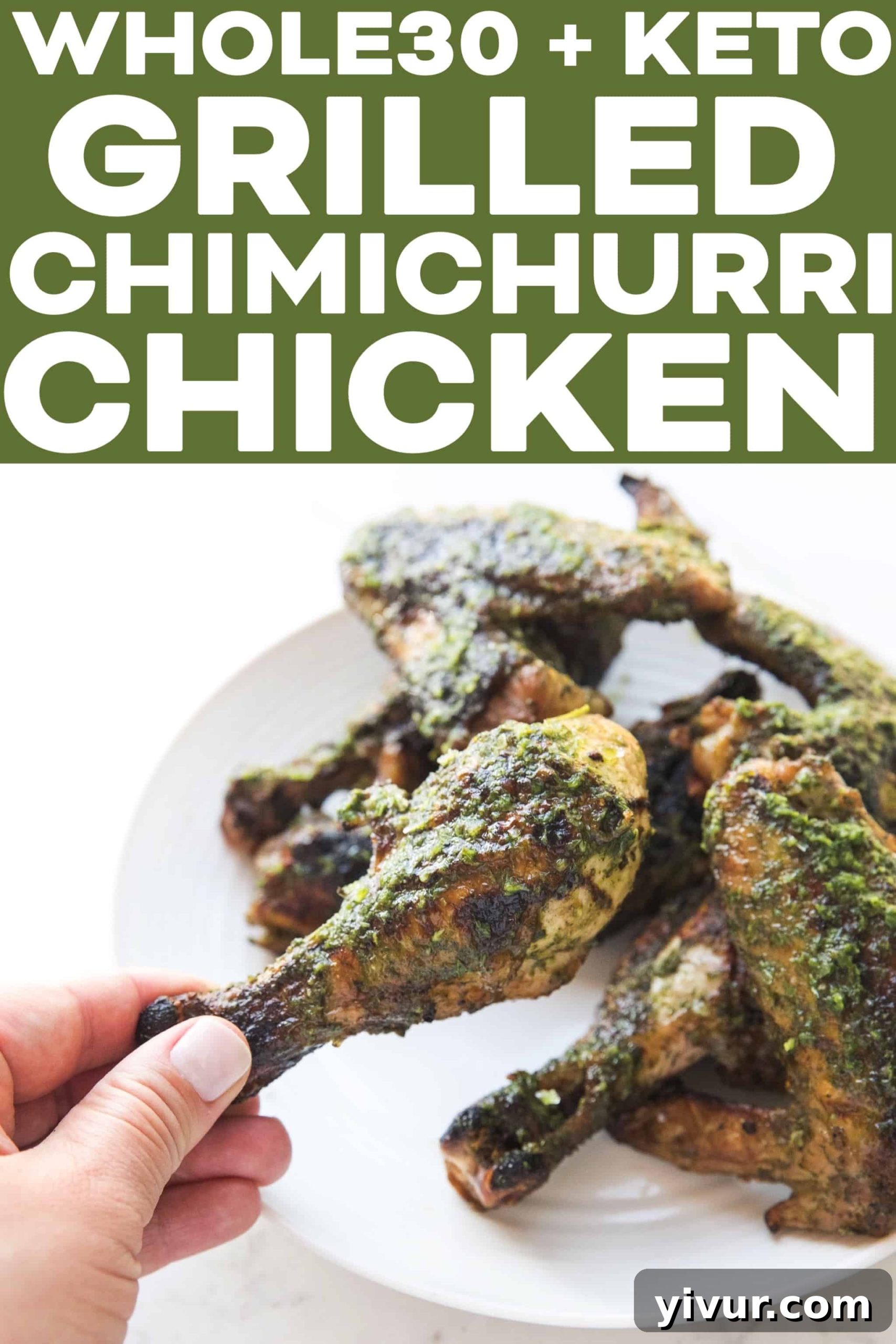 Zesty Grilled Chimichurri Chicken: Whole30, Keto & Paleo 8 A beautifully composed shot of grilled chicken drumsticks and wings with chimichurri sauce and roasted vegetables on a white background, ready to be served.