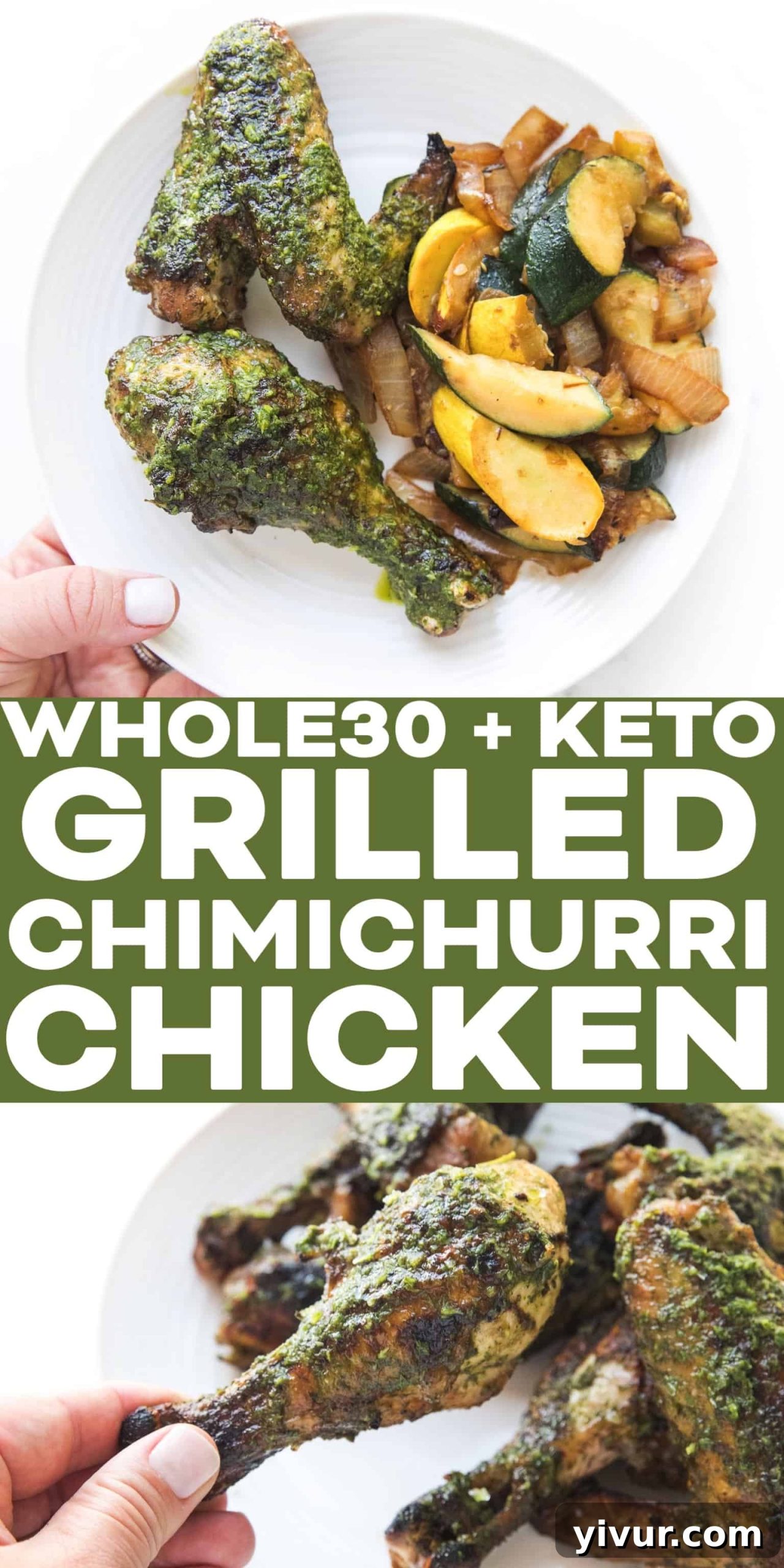 Zesty Grilled Chimichurri Chicken: Whole30, Keto & Paleo 9 A stunning overhead shot featuring a complete meal of grilled chimichurri chicken, roasted vegetables, and a side of fresh chimichurri sauce on a rustic white table setting.