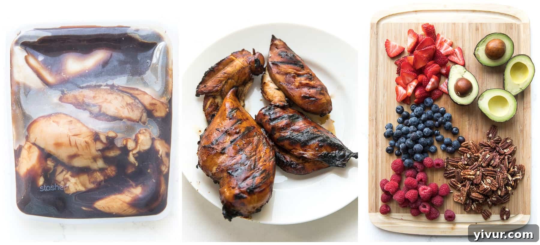 Vibrant Whole30 Keto Balsamic Chicken Berry Salad 4 A step-by-step visual guide to preparing the balsamic chicken berry salad, showing ingredients and preparation stages.