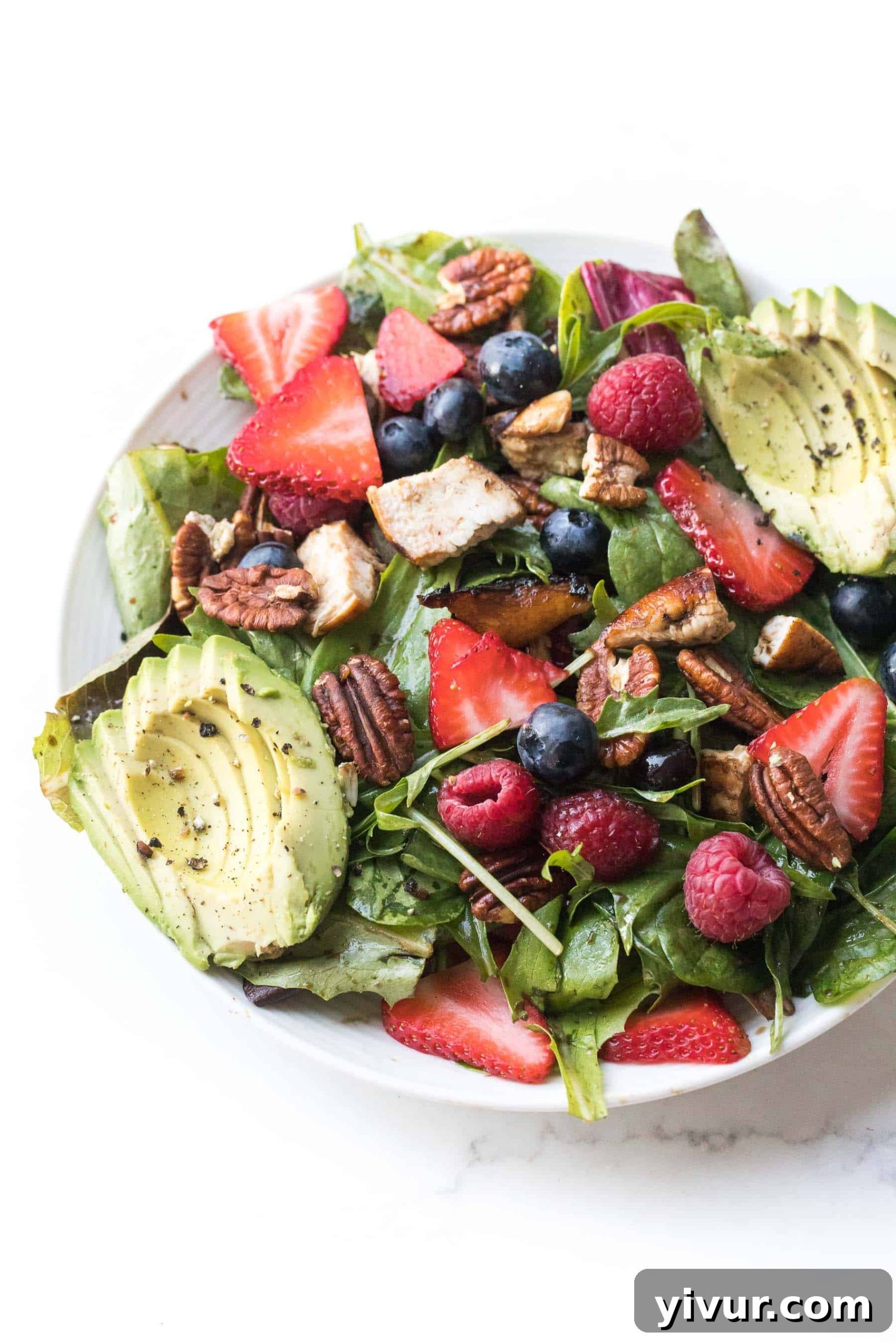 Vibrant Whole30 Keto Balsamic Chicken Berry Salad 5 A final close-up of the completed Whole30 + Keto Balsamic Chicken Berry Salad, ready to be served, showcasing its vibrant colors and appealing textures.