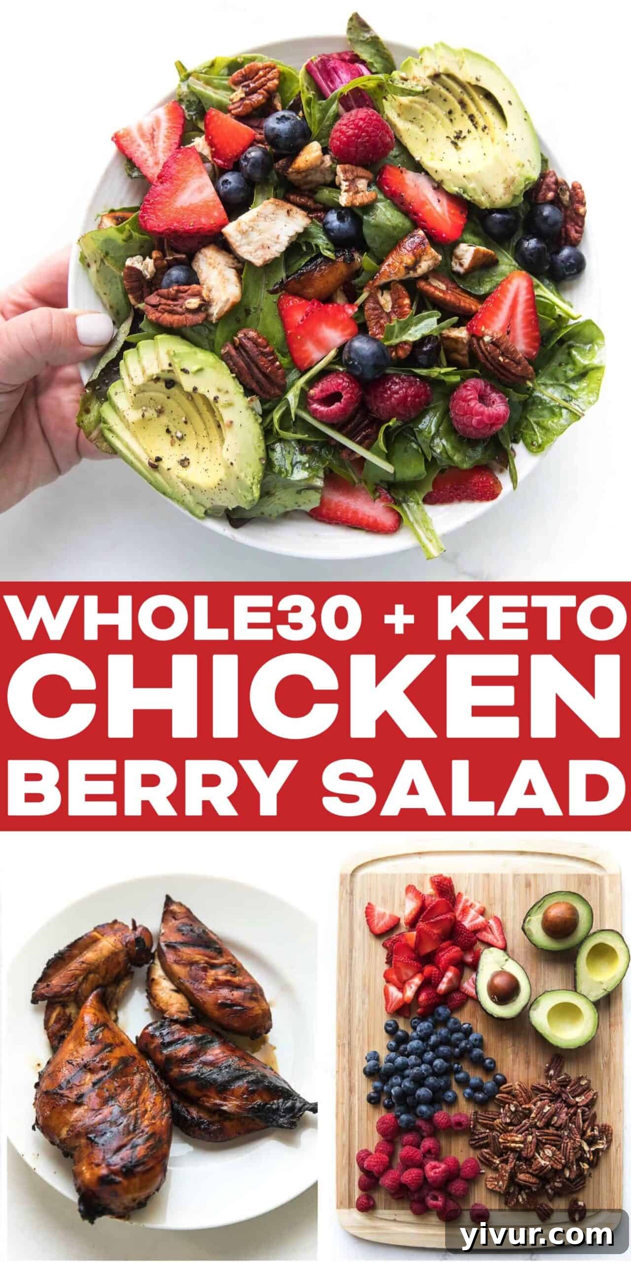 Vibrant Whole30 Keto Balsamic Chicken Berry Salad 7 A vibrant, fresh salad with balsamic chicken, mixed berries, avocado, and pecans, ready for serving.