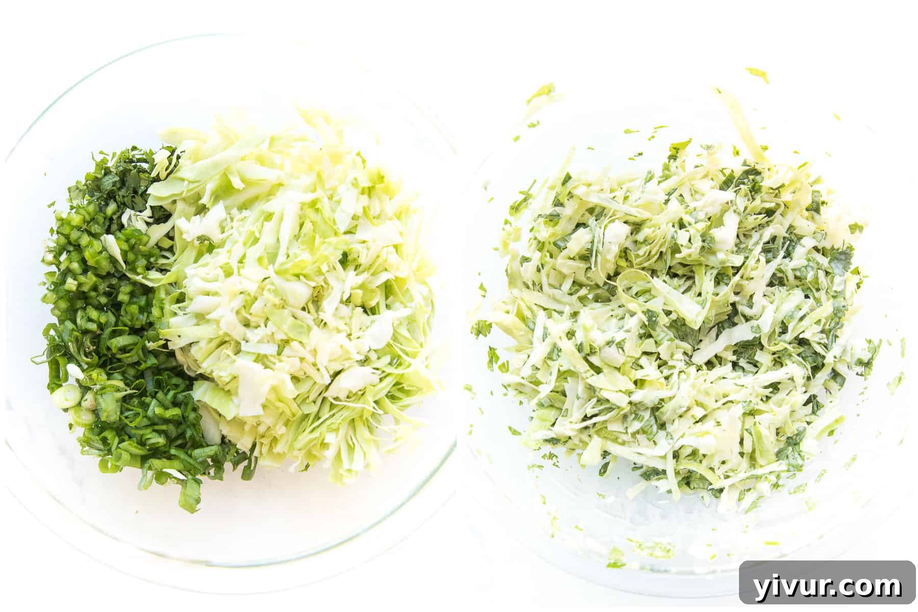 Visual steps illustrating the process of mixing coleslaw in a white bowl on a light background.