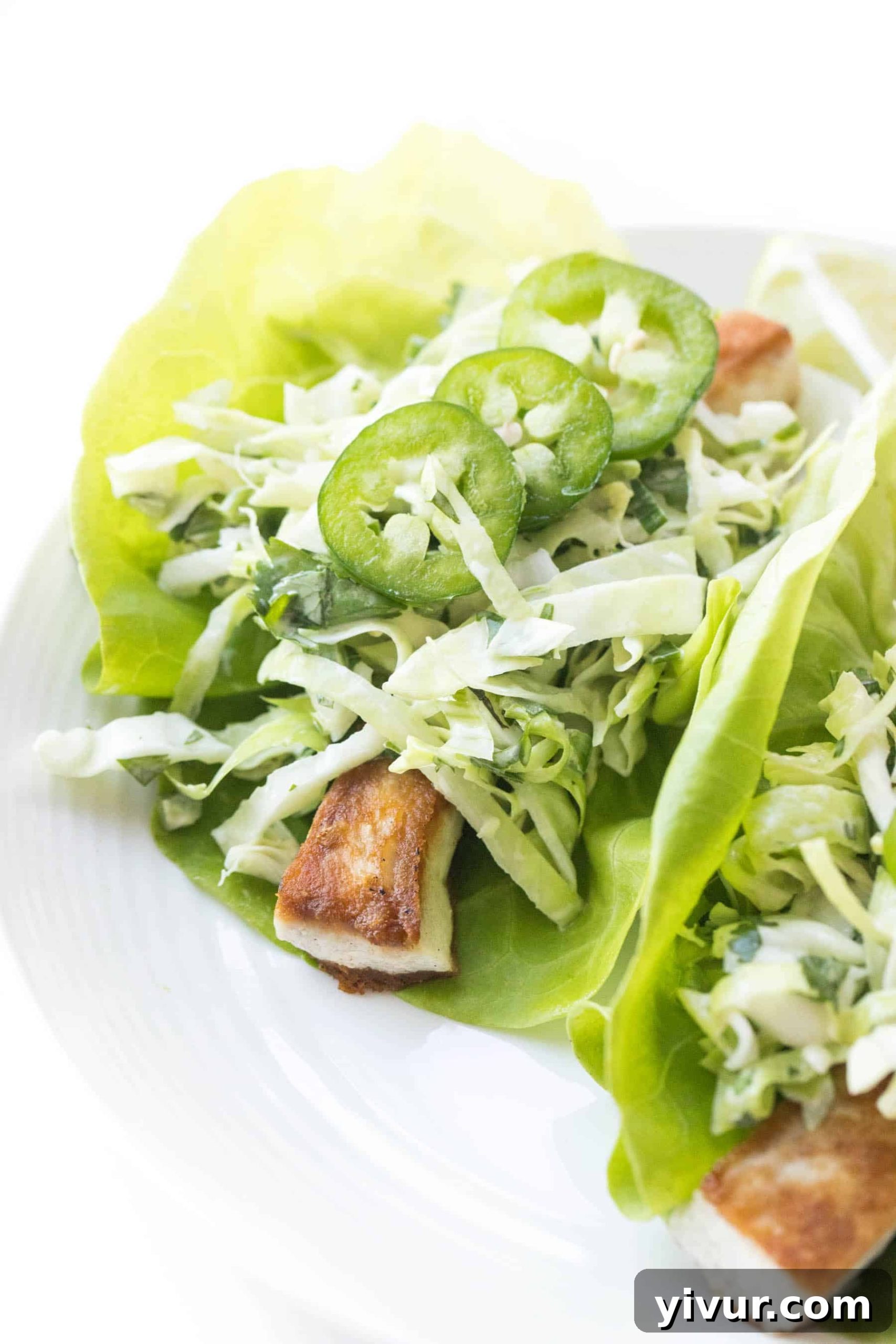 Whole30 Keto Fish Tacos with Fiery Slaw 2 Two vibrant Whole30 Keto Fish Tacos on lettuce shells with spicy coleslaw, presented on a white background.