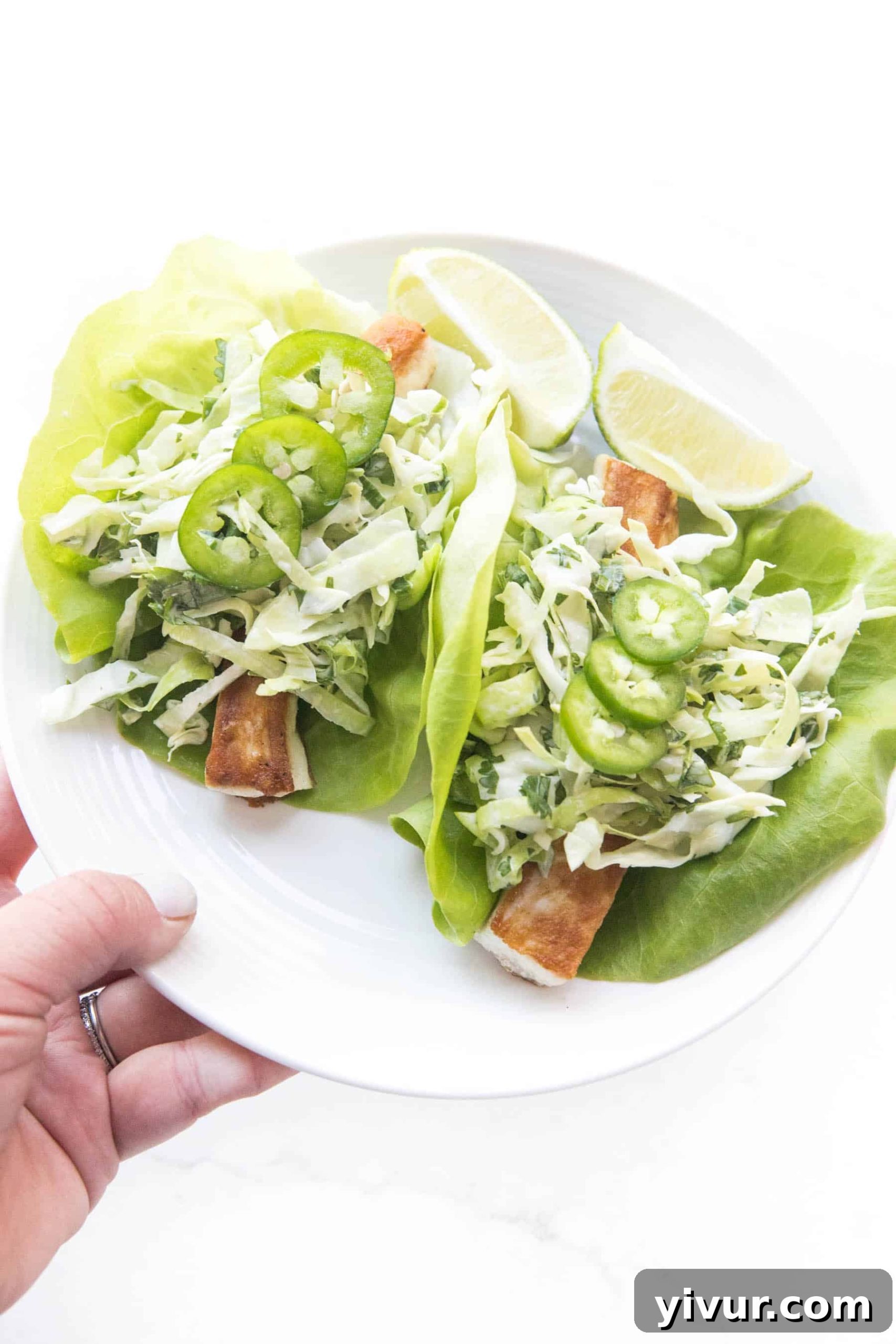 Whole30 Keto Fish Tacos with Fiery Slaw 3 A hand gently holds a single Whole30 Keto Fish Taco, showcasing the fresh ingredients and spicy coleslaw on a lettuce wrap.