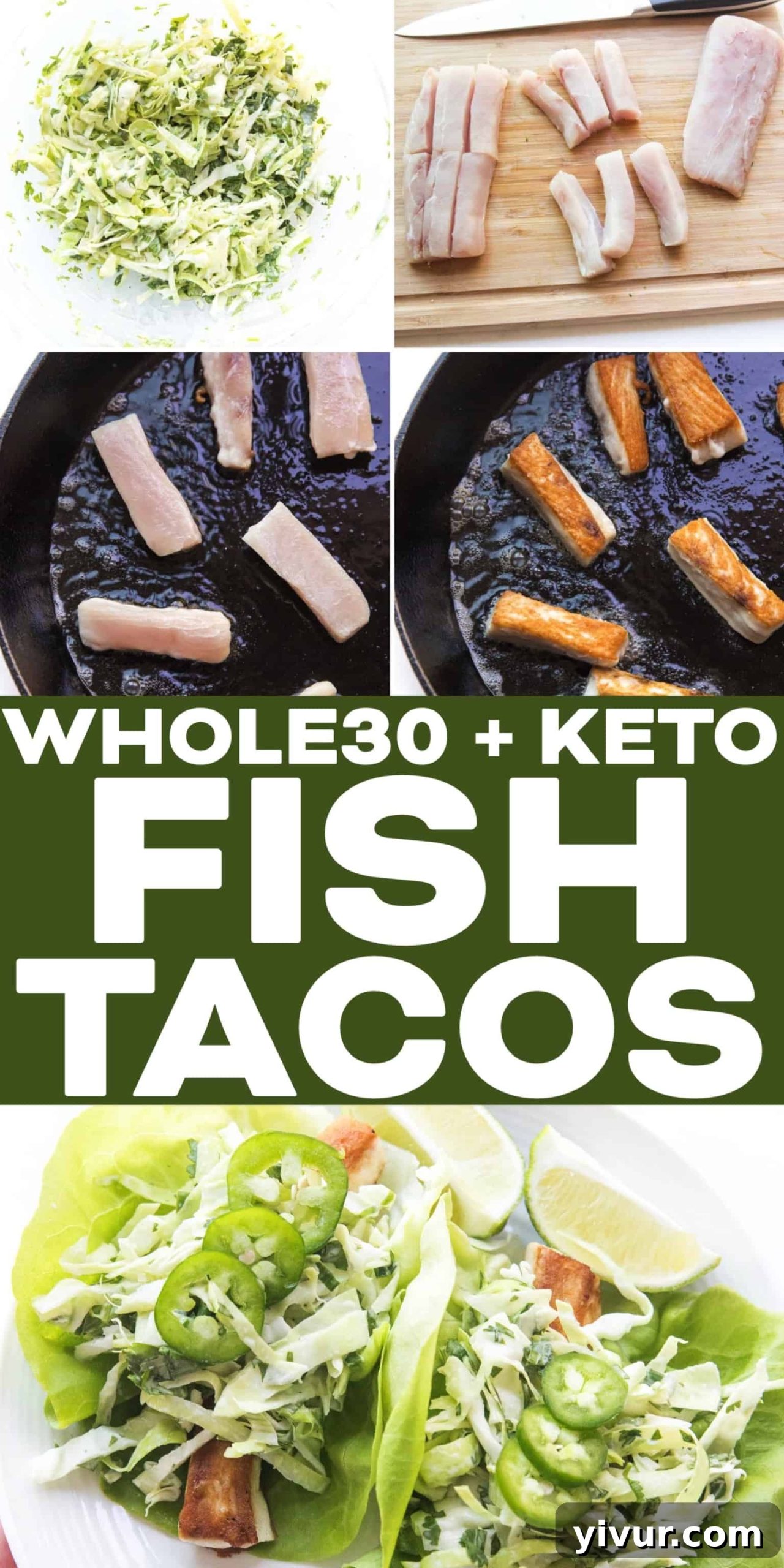 Whole30 Keto Fish Tacos with Fiery Slaw 8 A close-up vertical shot of multiple Whole30 Keto Fish Tacos, showing off the detailed texture of the seared fish and the freshness of the coleslaw.