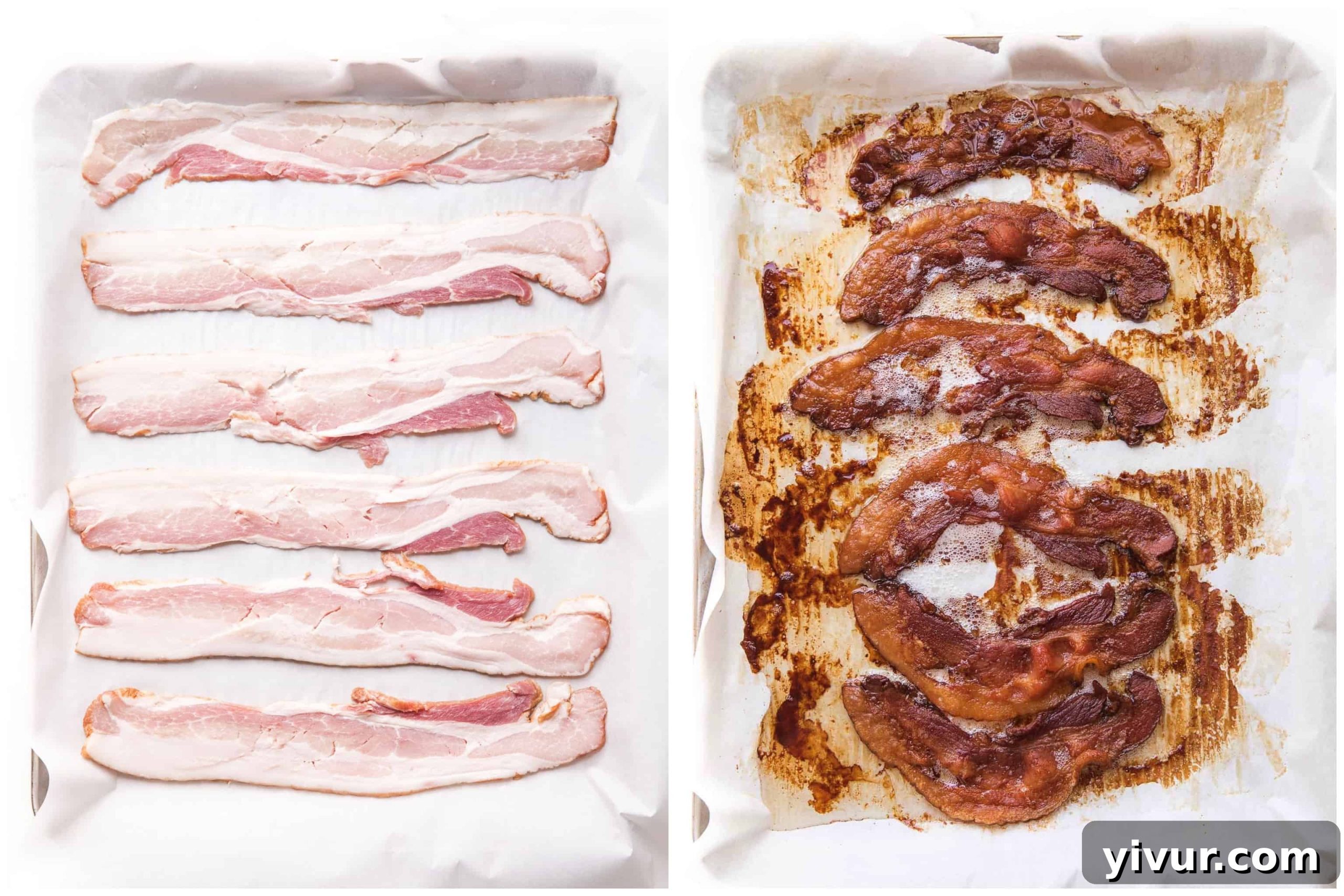 A side-by-side comparison illustrating uncooked bacon strips next to beautifully cooked, crispy bacon strips, demonstrating the transformative power of oven baking.