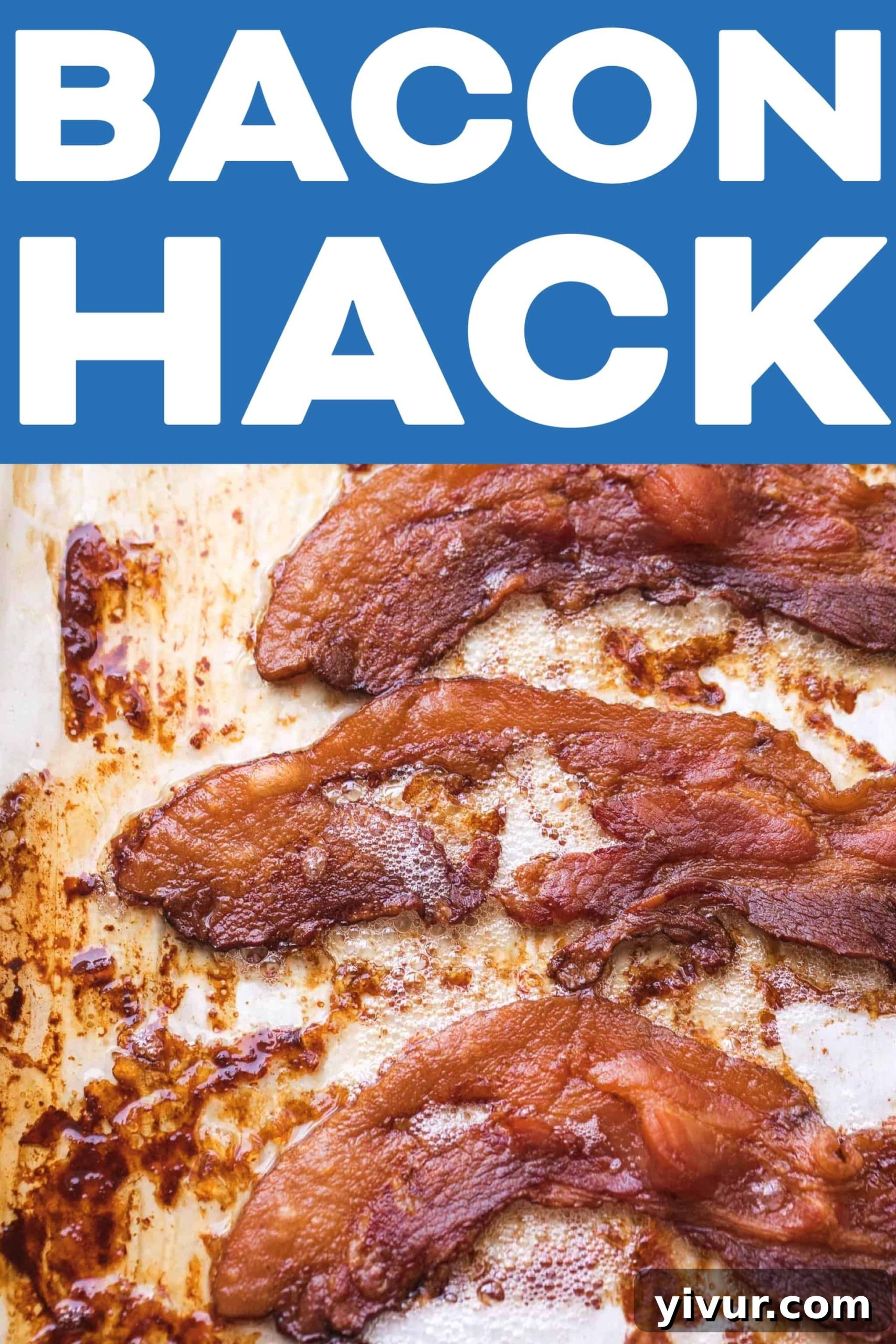 A close-up shot of several slices of crispy oven-baked bacon resting on a wire rack over a baking sheet, with a sprig of fresh rosemary for garnish.