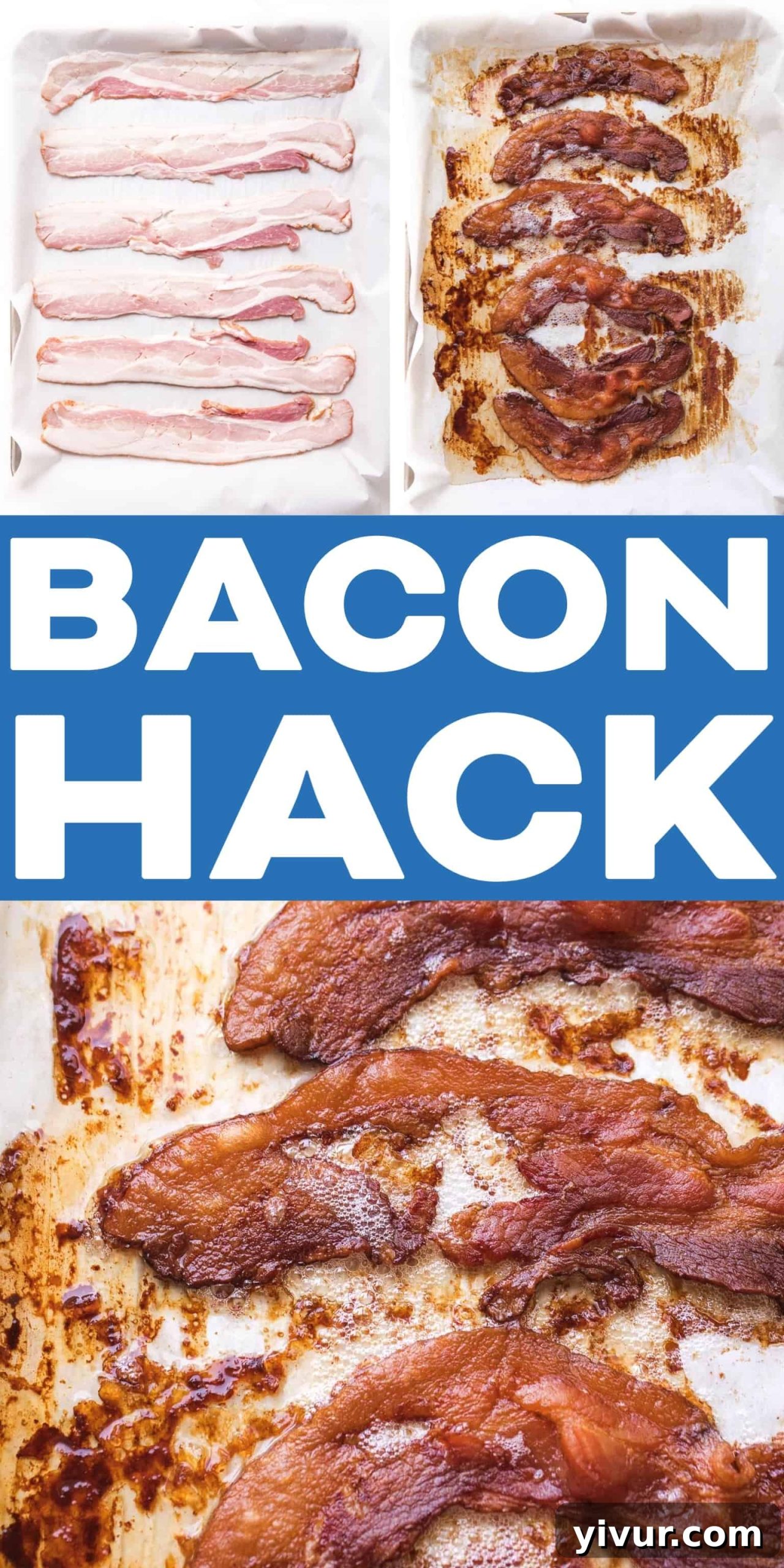 A vibrant breakfast platter featuring perfectly crispy oven-baked bacon, a sunny-side-up egg, and fresh avocado slices, garnished with herbs.