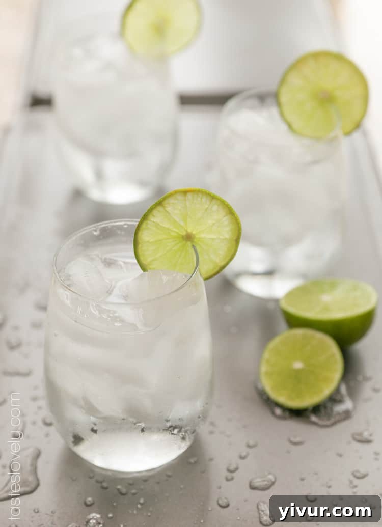 Low-calorie, anti-hangover cocktail ingredients in a clear glass with ice and lime