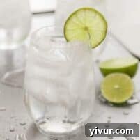 Close-up of Skinny No-Hangover Cocktail with lime in a glass, ready to drink