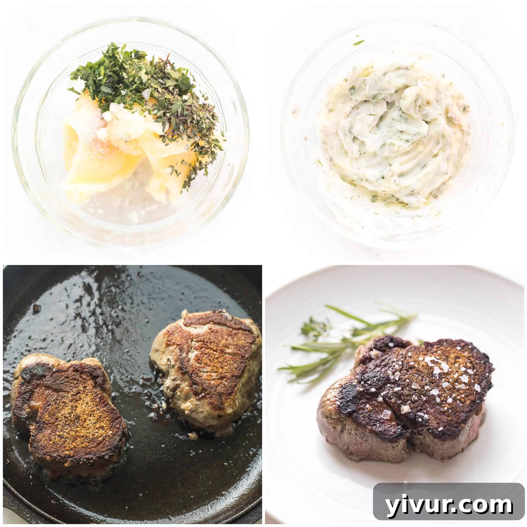 A visual guide showing the steps to prepare and cook filet mignon with herb butter in a cast iron skillet, from seasoning to searing.