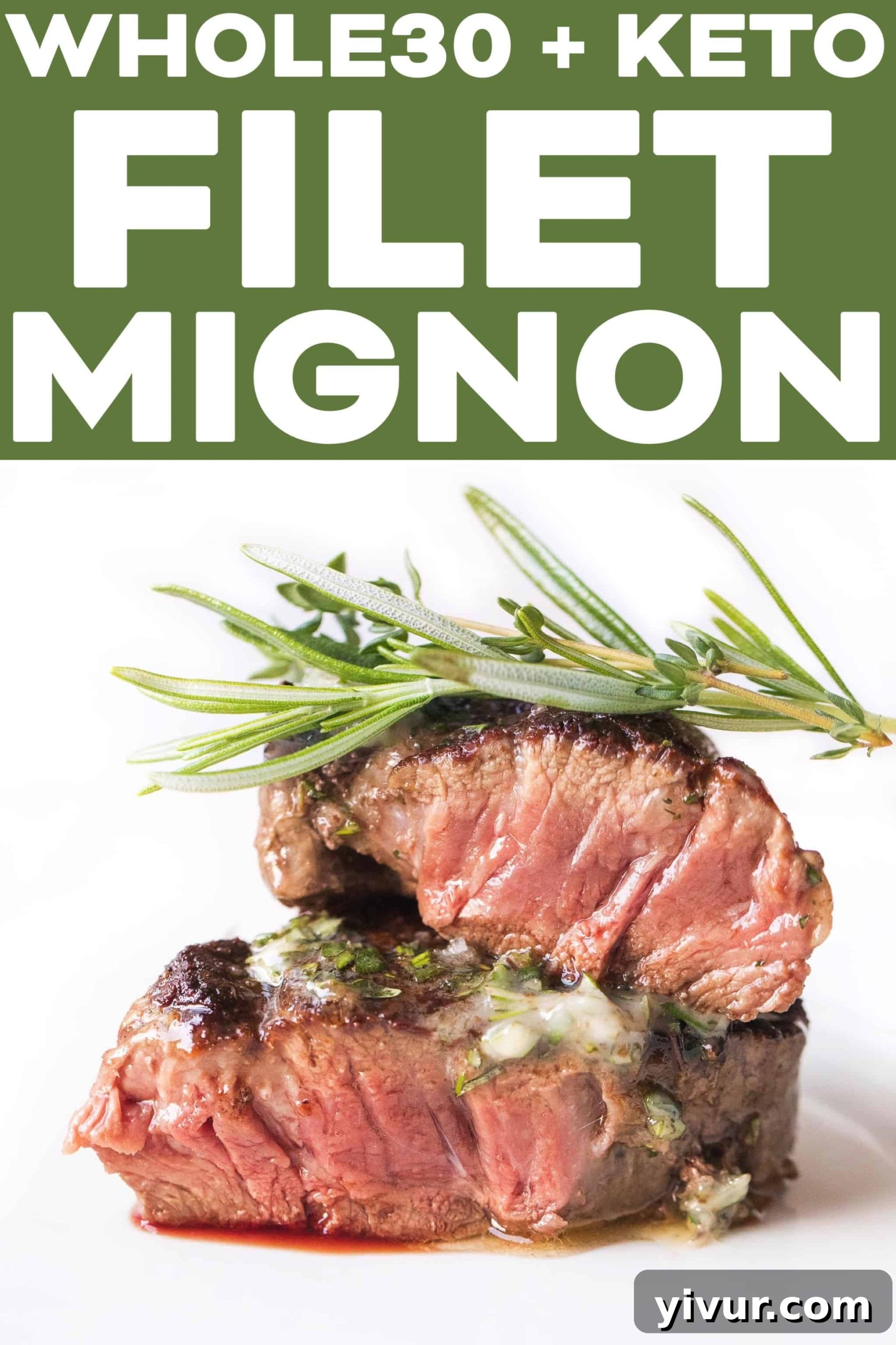 A top-down view of a delicious filet mignon dinner, served beautifully on a white plate with rich herb butter and a side of green vegetables.