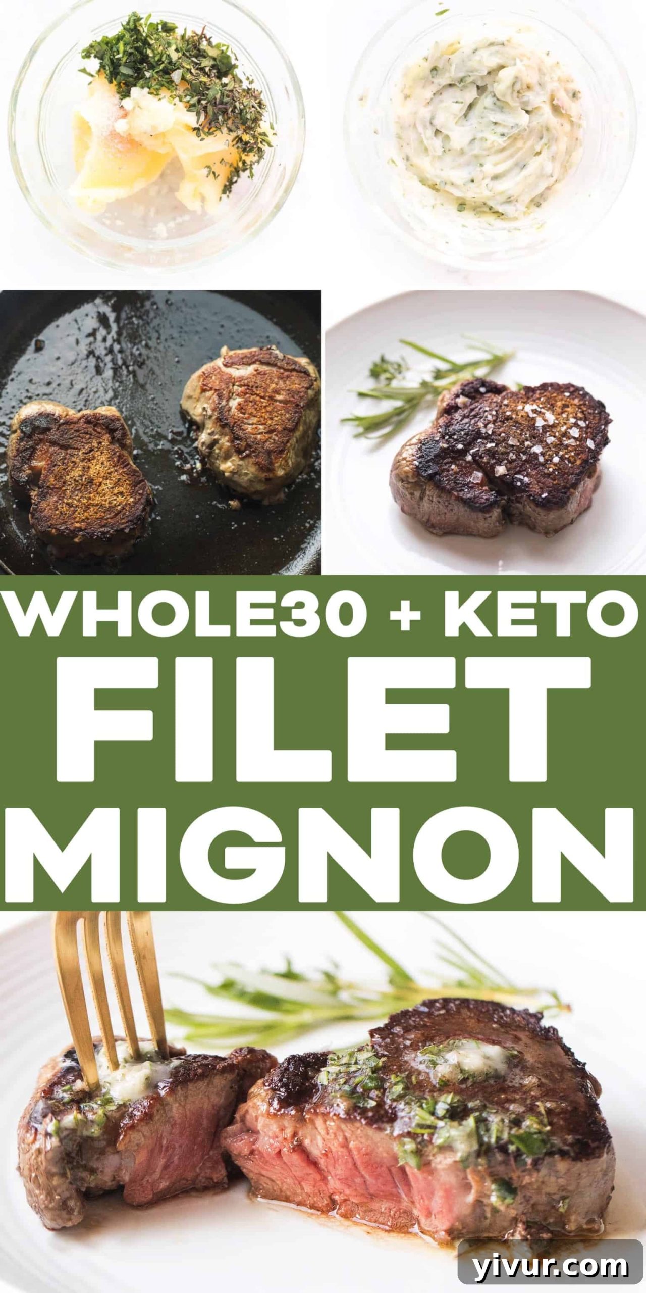 An overhead shot showcasing the elegant presentation of a home-cooked filet mignon dinner, complete with tender steak, herb butter, and a hint of greenery for garnish.