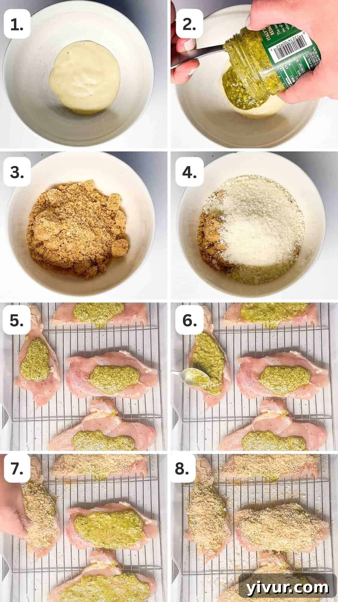 A series of numbered step-by-step photos illustrating the preparation process of the crispy baked pesto chicken recipe, from raw chicken to coated and ready for the oven.