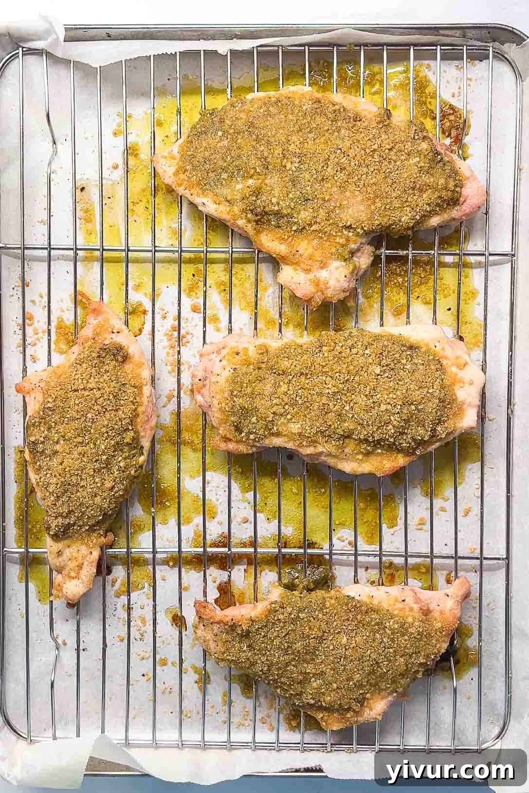 Raw pesto chicken breasts neatly arranged on a wire rack, coated and ready for baking, highlighting the prep stage of the recipe.