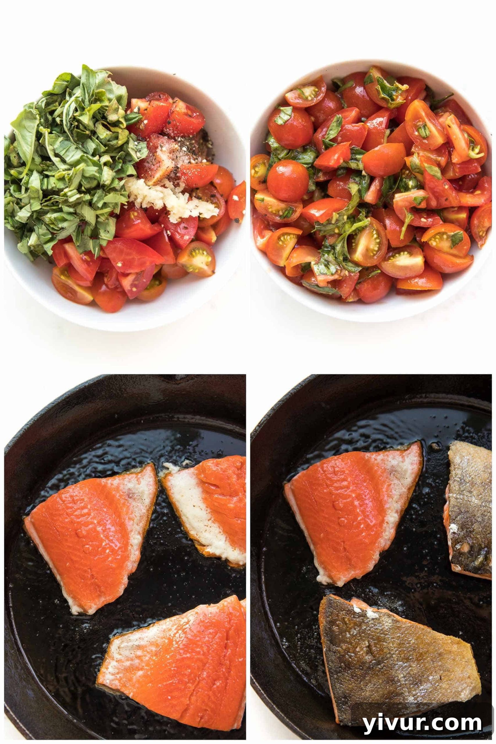 Caprese Pesto Salmon for Whole30 and Keto 4 Step-by-step visual guide to preparing Caprese Pesto Salmon, showing ingredients and cooking process