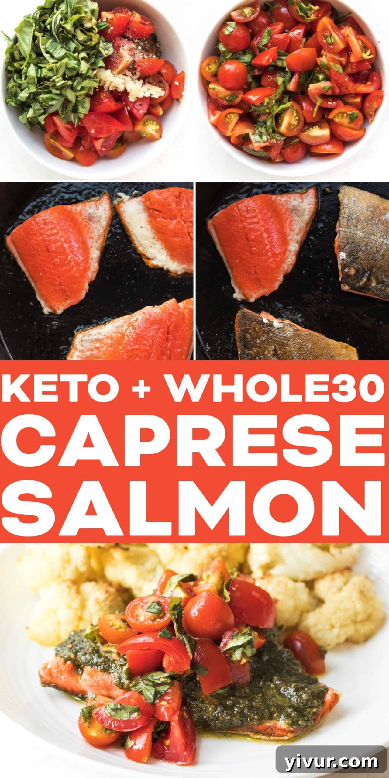 Caprese Pesto Salmon for Whole30 and Keto 9 Top-down view of the Caprese Pesto Salmon, highlighting the vibrant colors and textures