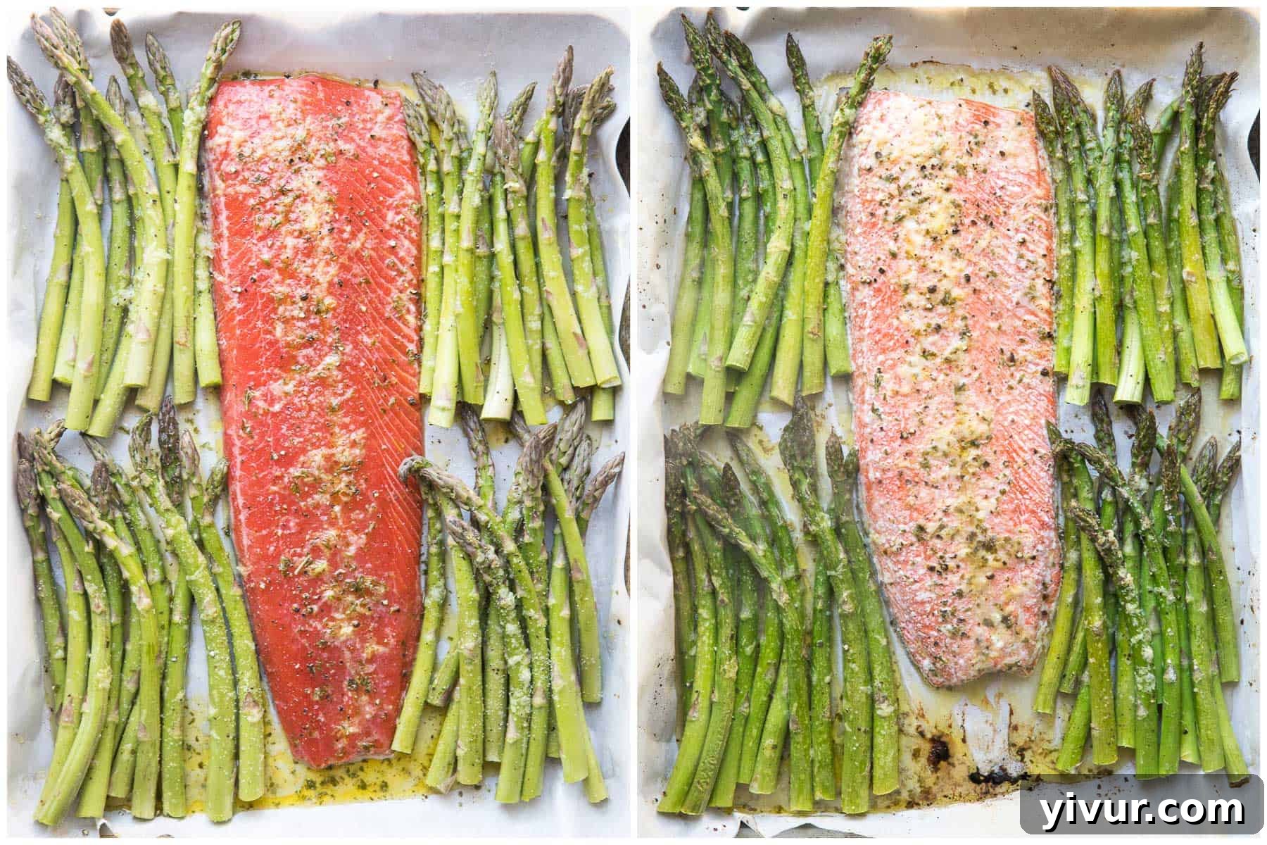 Before and after comparison of sheet pan salmon and asparagus, raw versus perfectly roasted