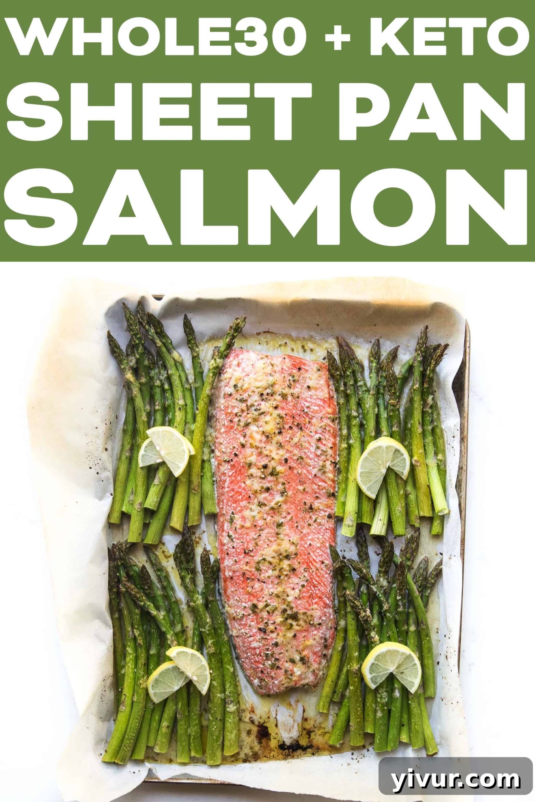 Plated sheet pan salmon and asparagus dinner, ready to eat