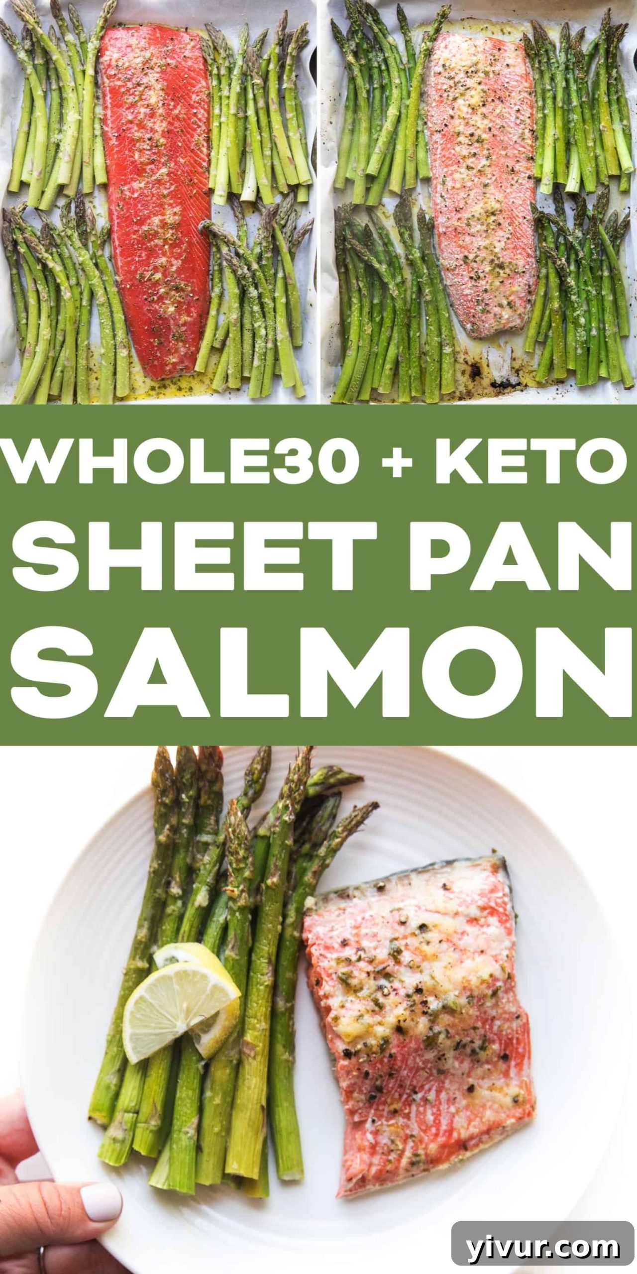 Two plates of Whole30 Keto Sheet Pan Salmon and Asparagus ready to be served