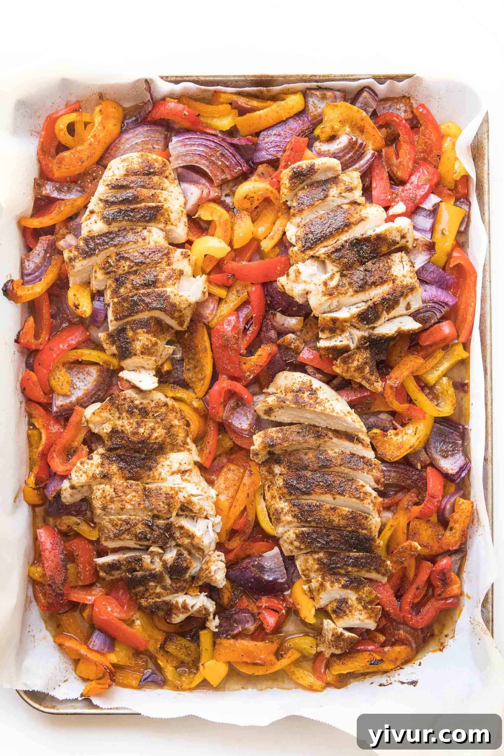 chicken fajitas on a sheet pan