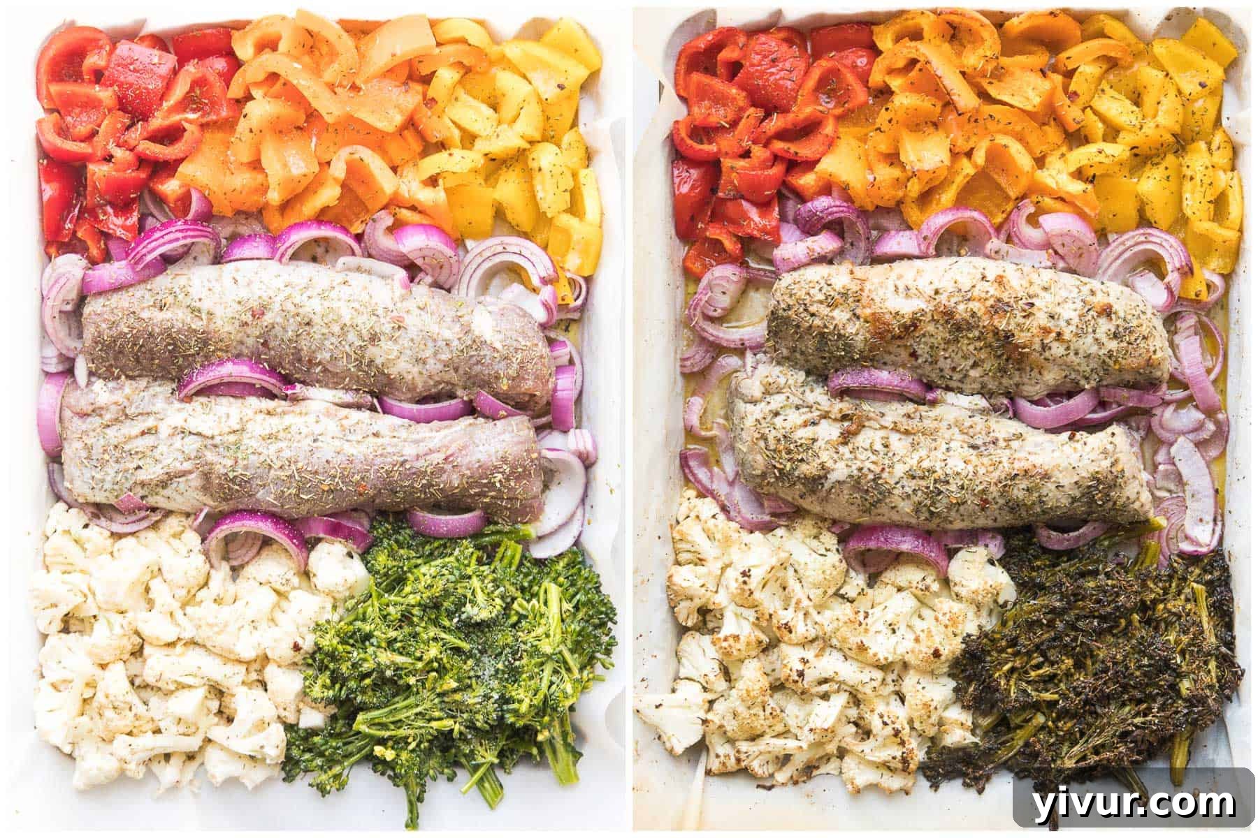 Before and after comparison showing raw pork and vegetables on a sheet pan transforming into a golden-brown roasted meal