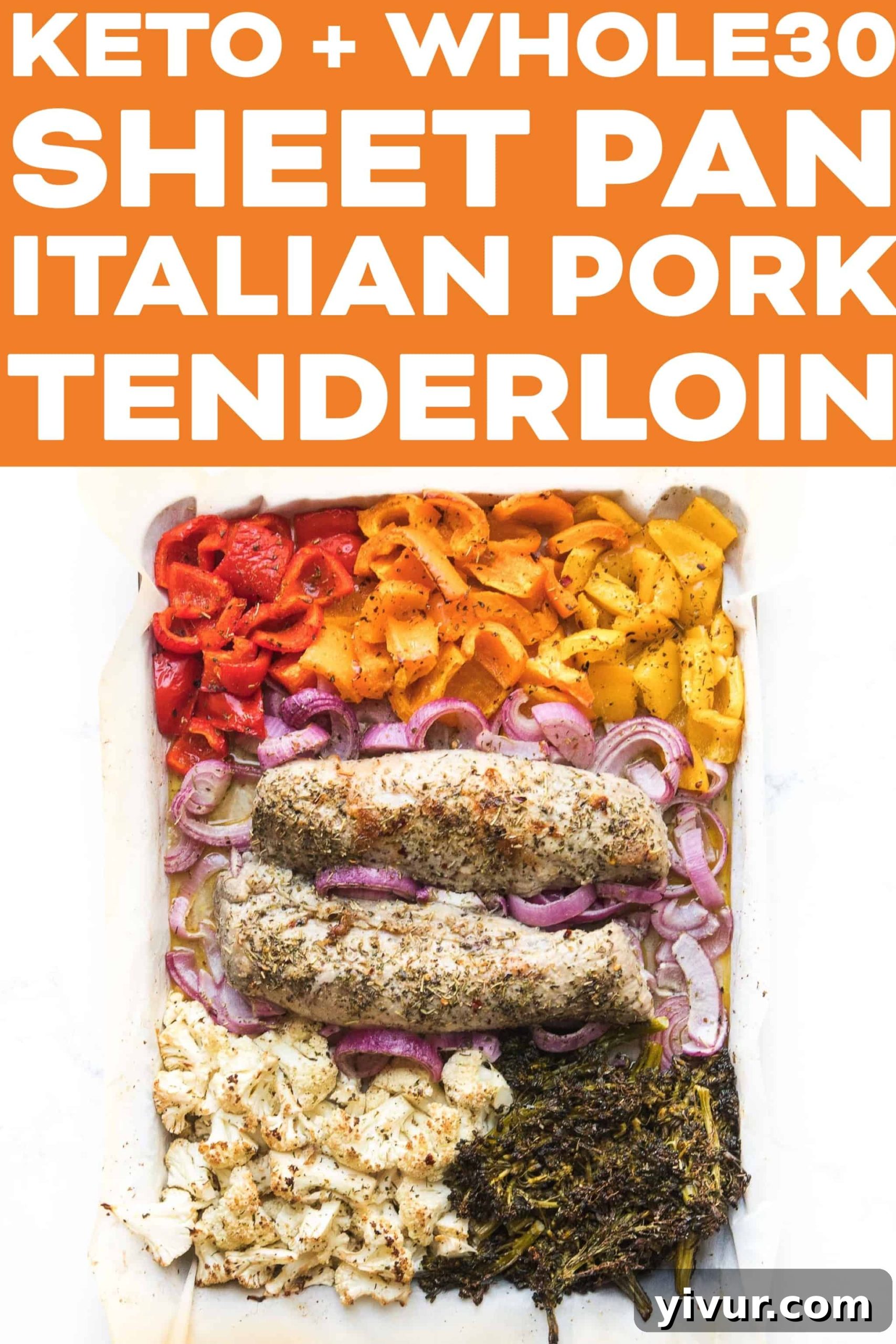 Closeup of beautifully roasted pork tenderloin slices with a mix of colorful vegetables, garnished with fresh herbs