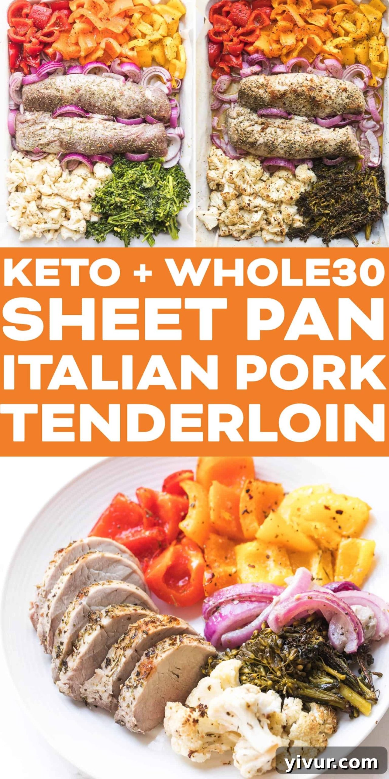Overhead view of a prepared Whole30 Keto Sheet Pan Italian Pork Tenderloin meal on a serving platter