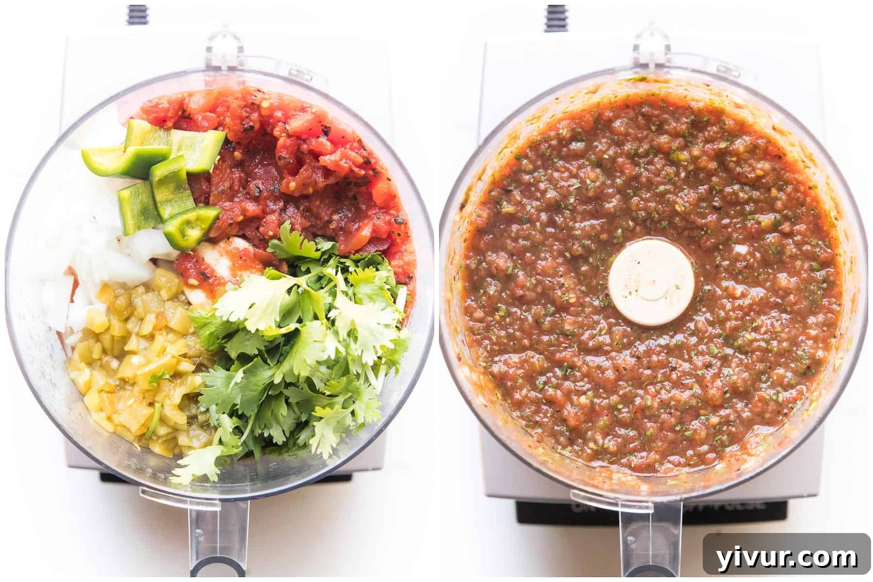 A visual step-by-step guide showing how to combine ingredients for homemade red salsa in a food processor, emphasizing the simplicity of the preparation.