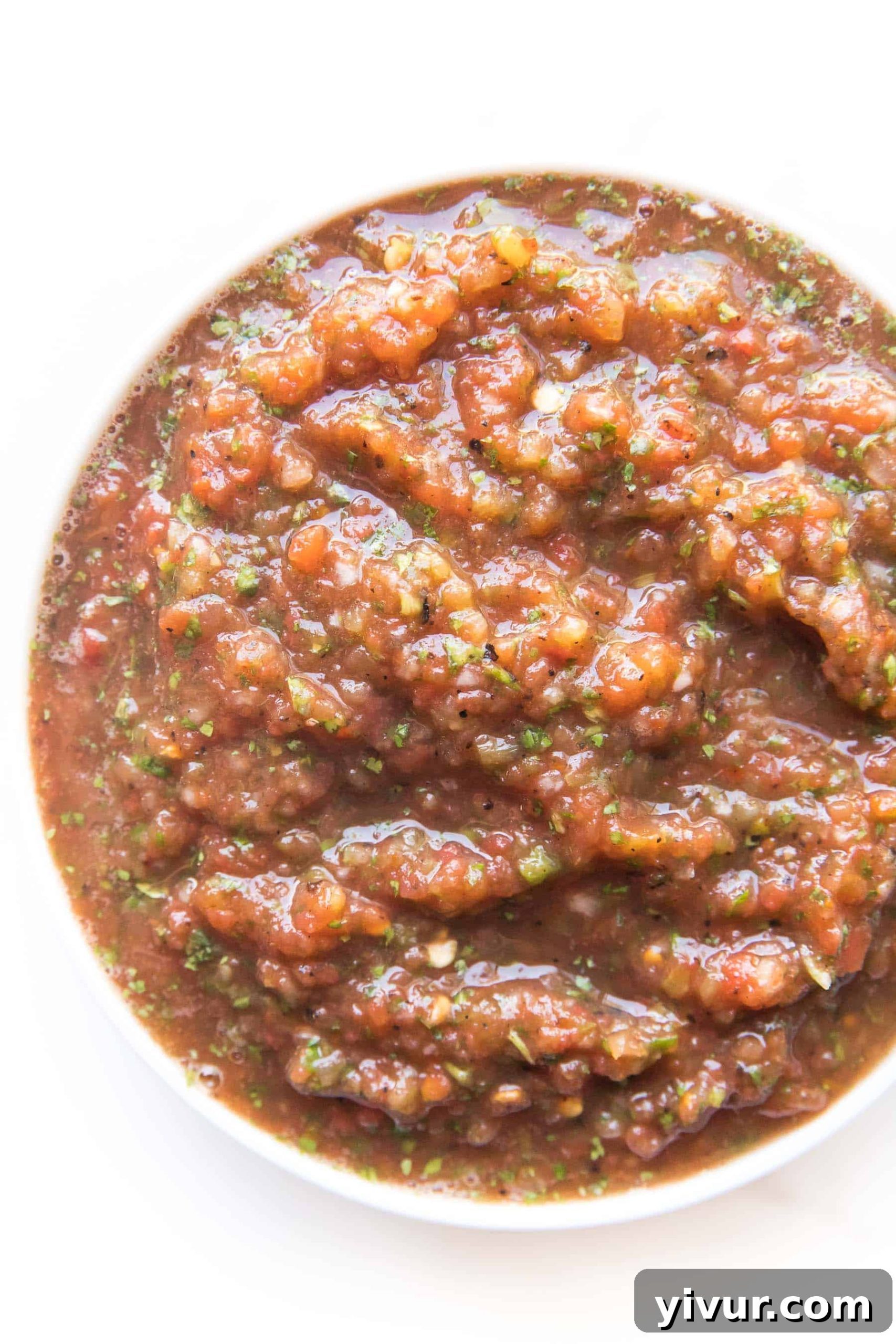 A close-up shot of homemade red salsa in a pristine white bowl, showcasing its vibrant color and fresh texture, ready to be enjoyed.
