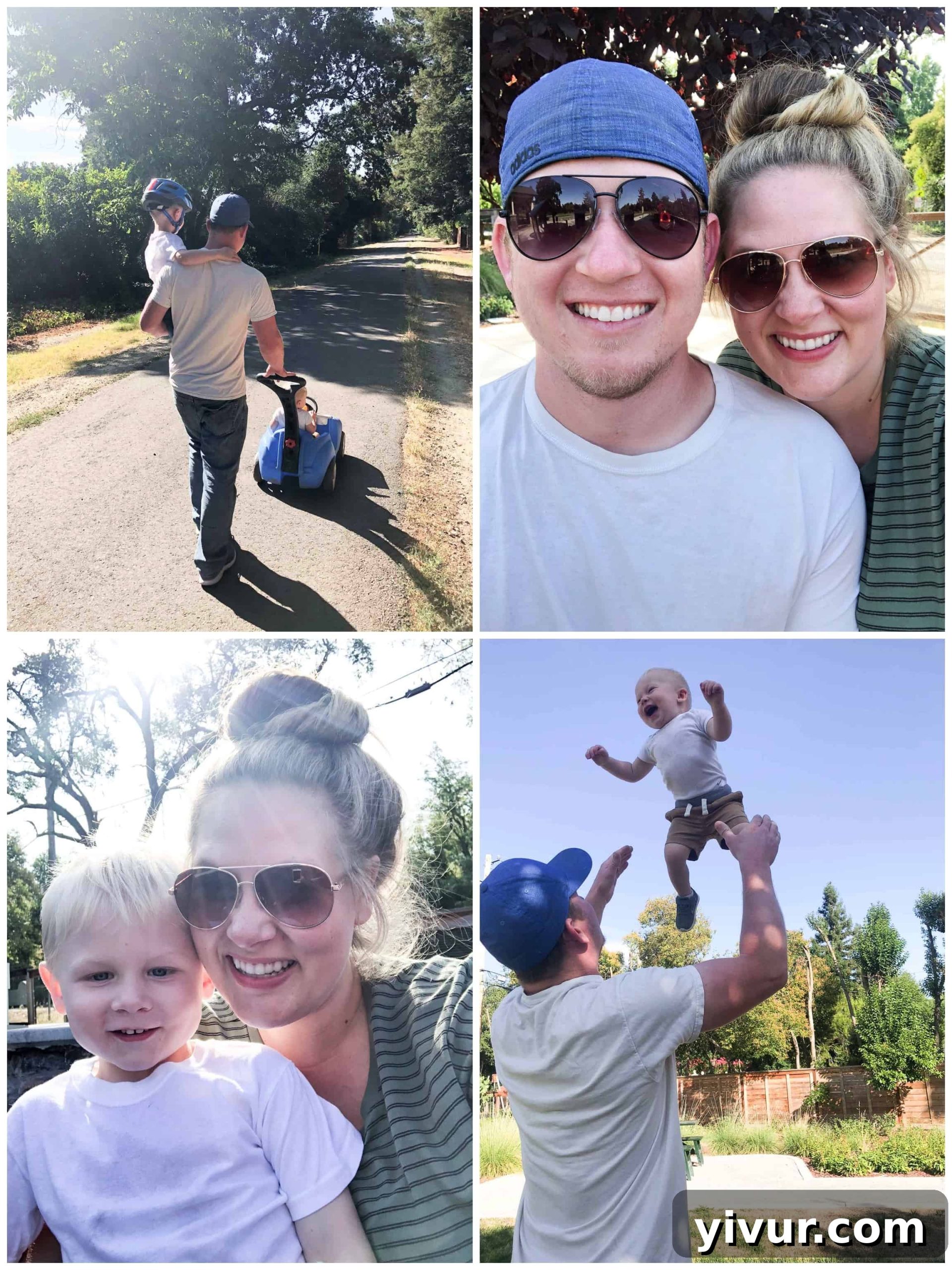 A Glimpse into Summer 2019 12 A family, including a father pushing a stroller and a child on a bike, walking along a scenic path.