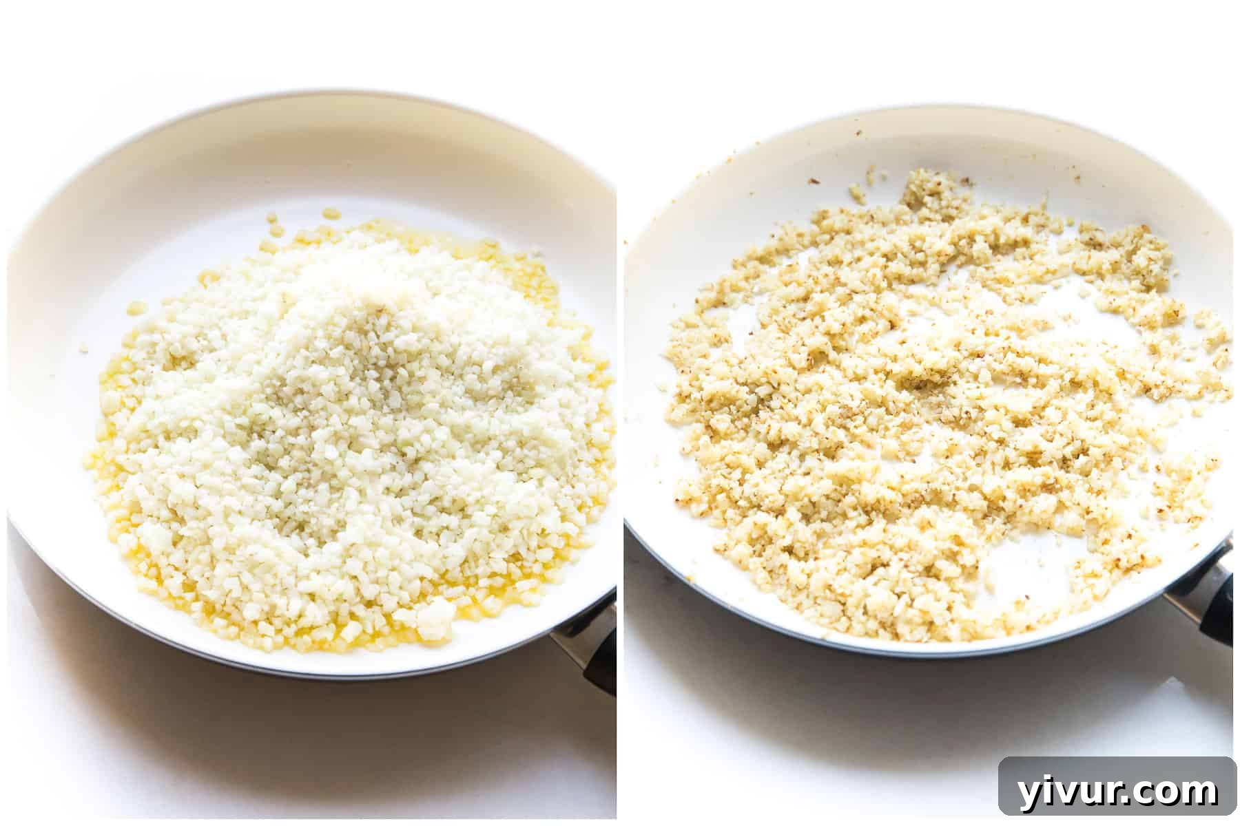 Quick and Easy Frozen Cauliflower Rice Hack 4 Step-by-step images showing frozen cauliflower rice being cooked in a skillet.