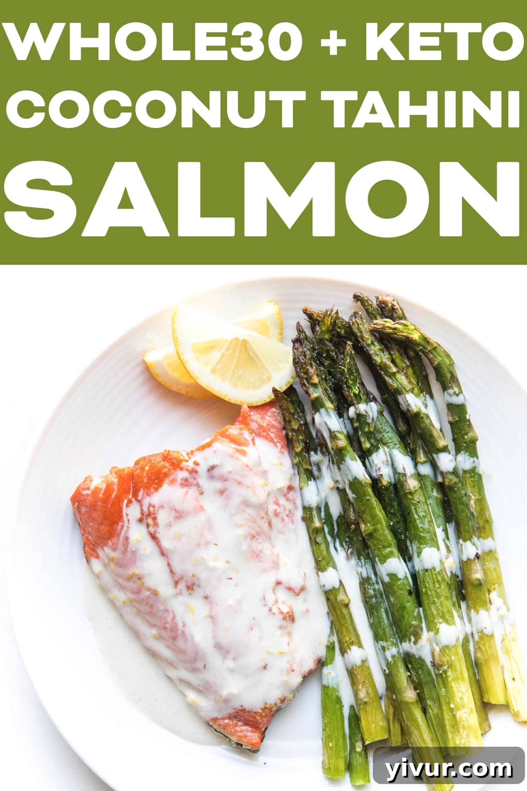 Salmon + asparagus with a white creamy coconut tahini sauce on a white plate and background