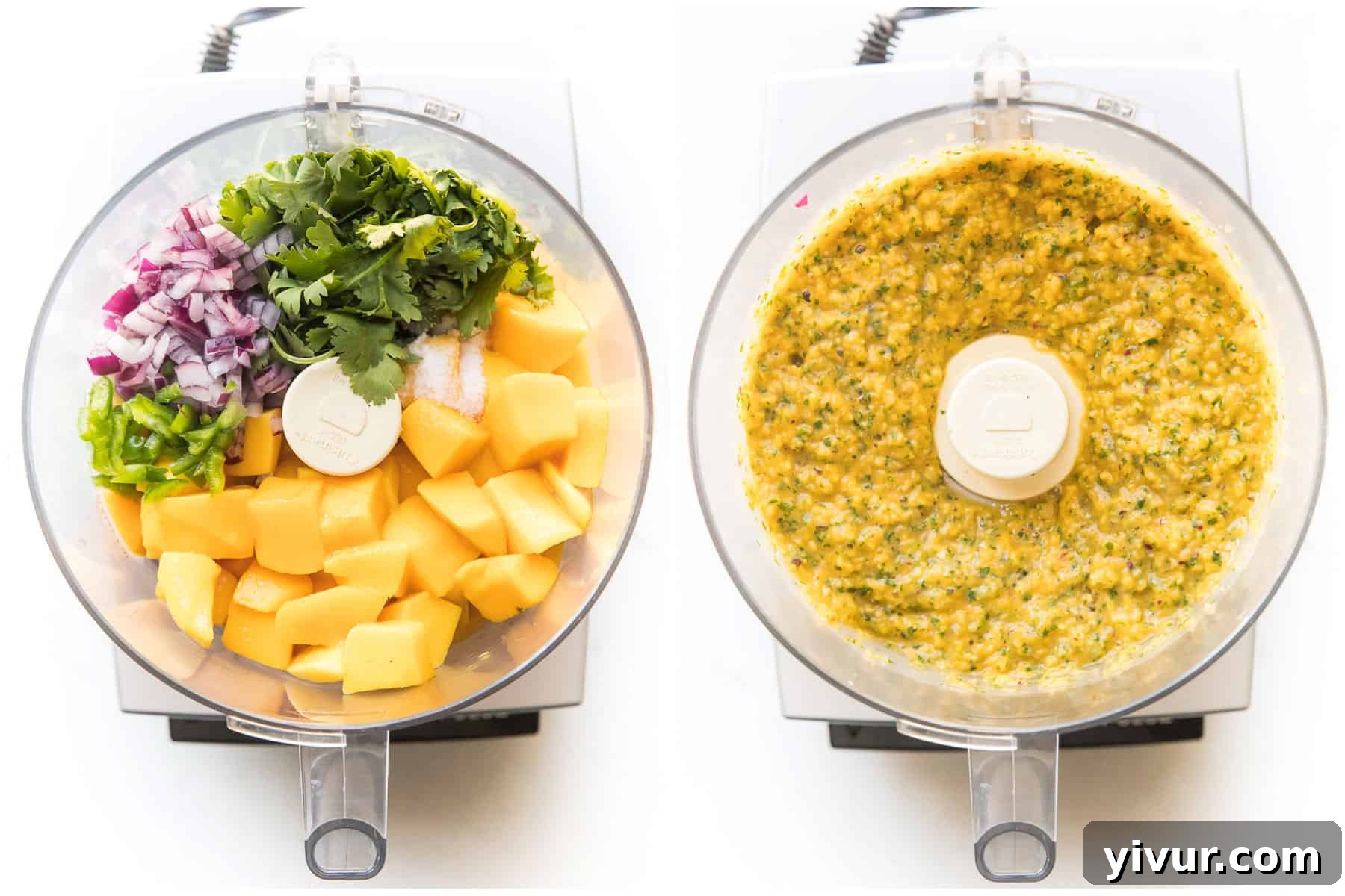 A step-by-step visual guide to making mango salsa in a food processor, showing ingredients being added.