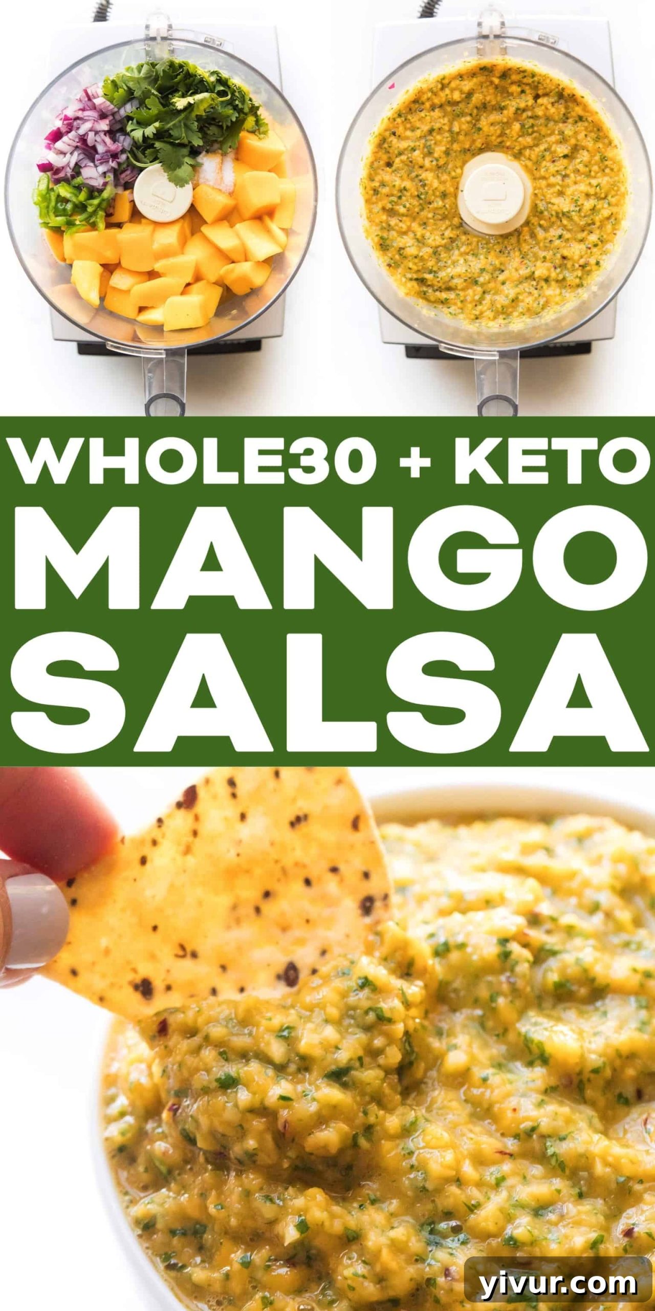 An overhead shot of a large bowl of mango salsa, surrounded by ingredients.