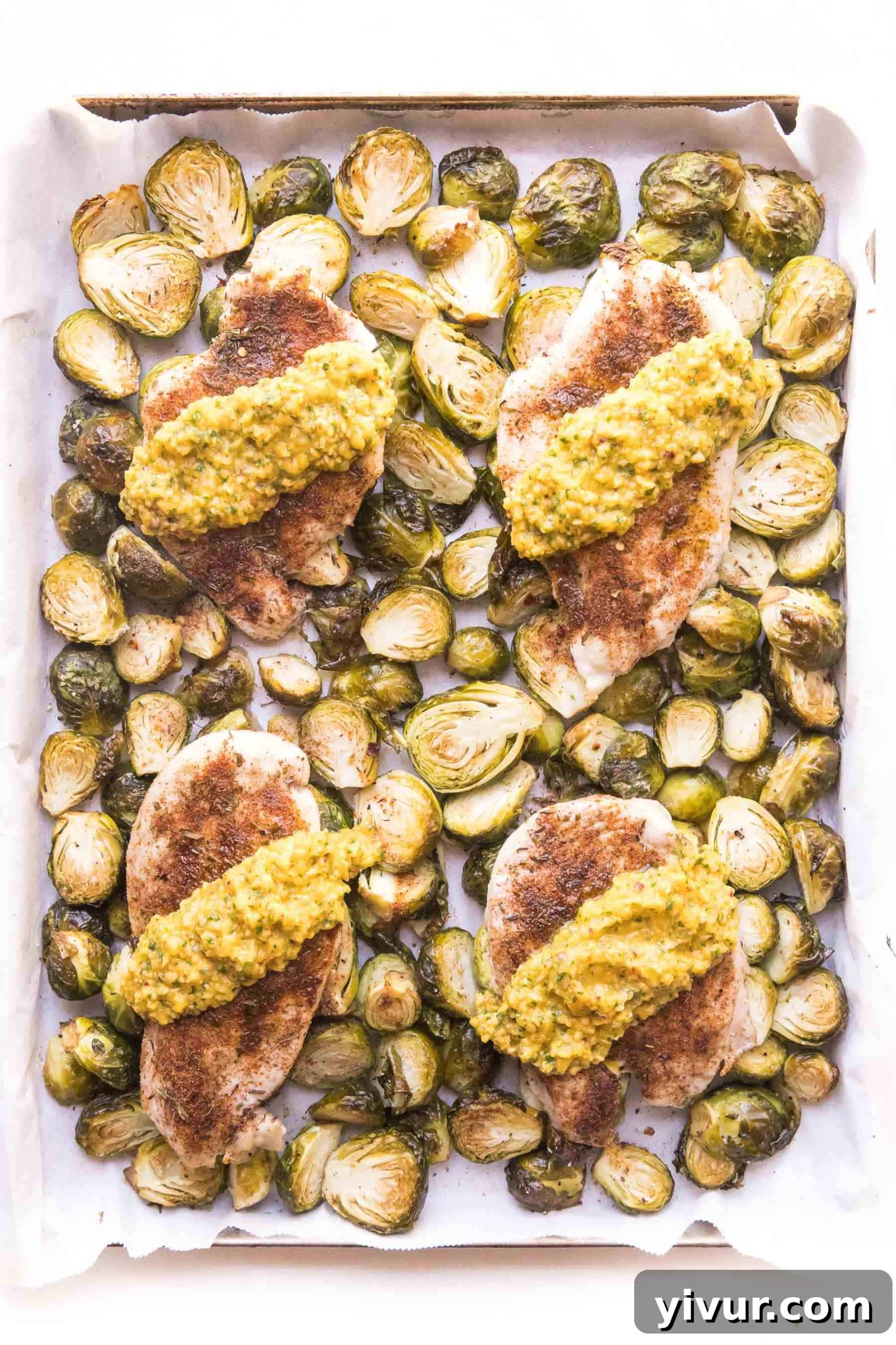 Jamaican Jerk Whole30 Keto Sheet Pan Chicken 2 sheet pan brussels sprouts and chicken topped with mango salsa