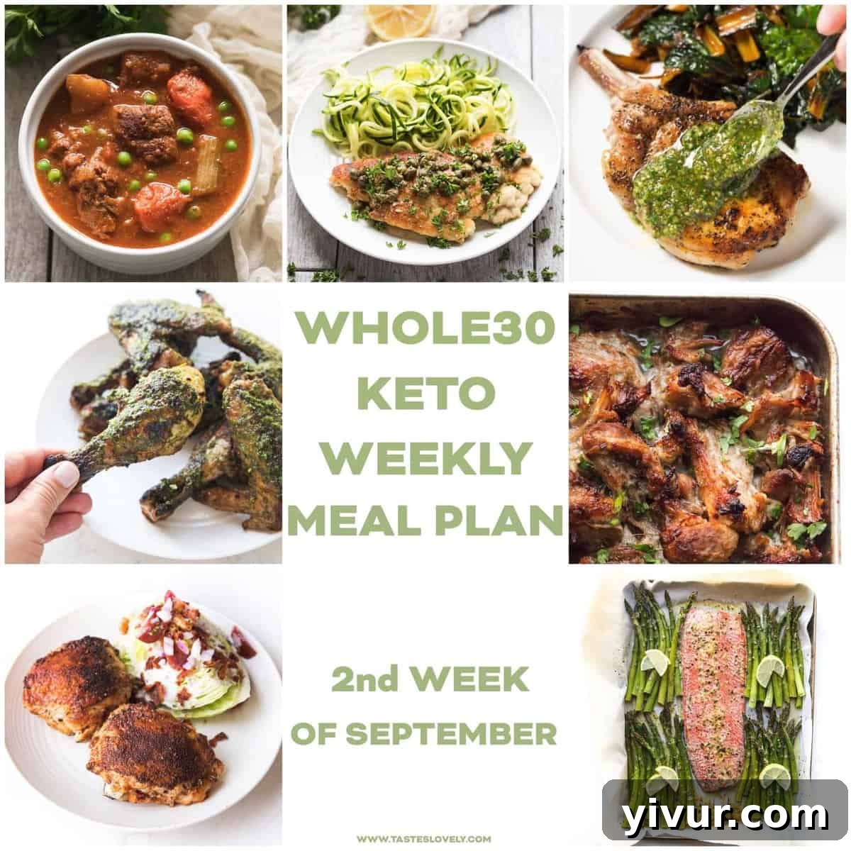 A vibrant selection of fresh, Whole30 and Keto compliant ingredients, ready for weekly meal preparation. The image showcases colorful vegetables, lean proteins, and healthy fats, hinting at a week of delicious and nutritious meals.