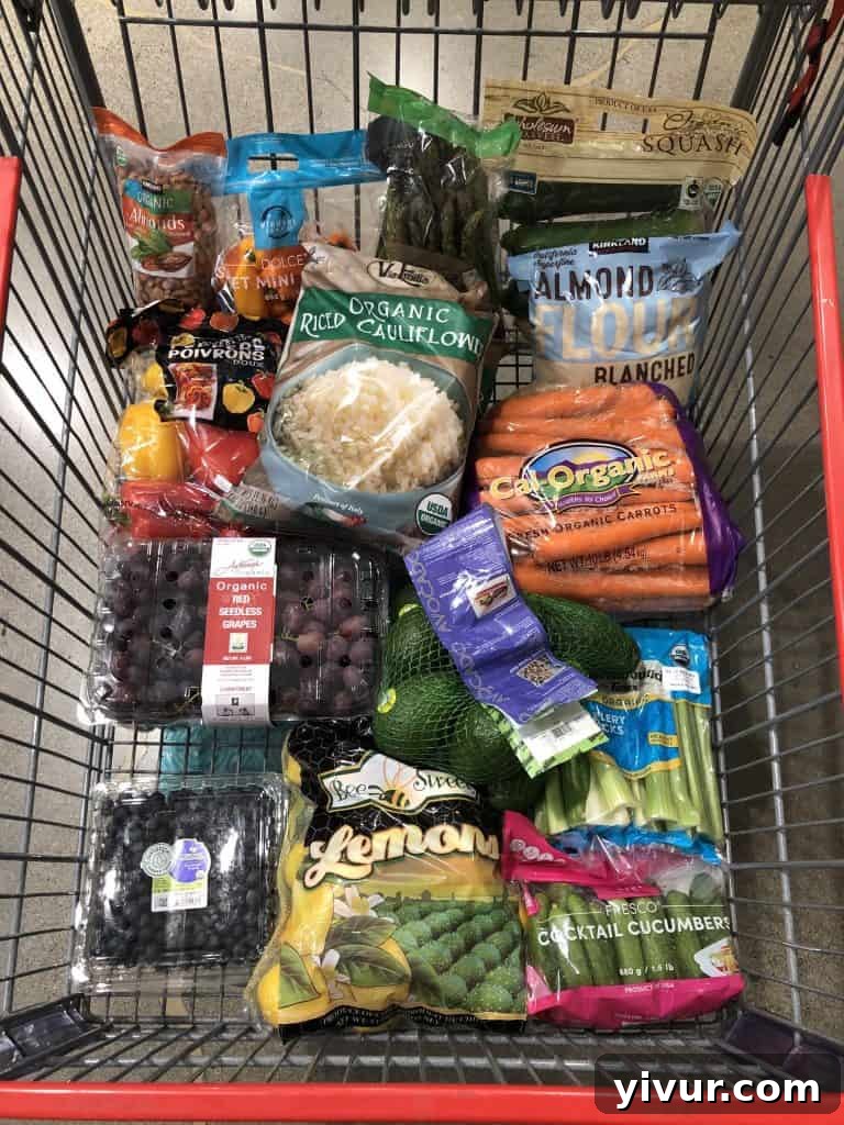 A comprehensive grocery haul spread, featuring a variety of Whole30 and Keto staples including fresh produce, high-quality meats, and pantry essentials, all neatly arranged.