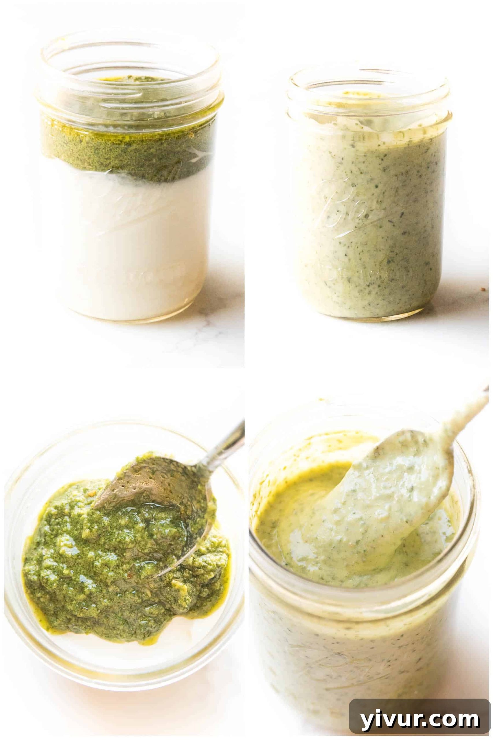 Flavorful Keto Whole30 Pesto Aioli 3 steps to making pesto aioli in a mason jar on a white background